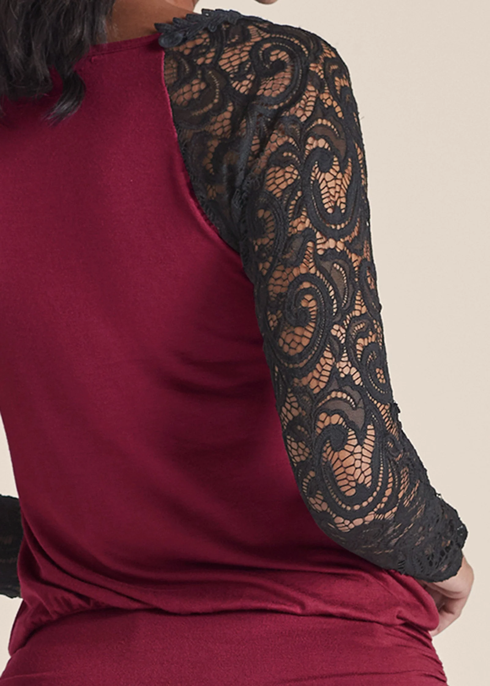 Lace Detail Ruched Top - Wine Multi - Image 5