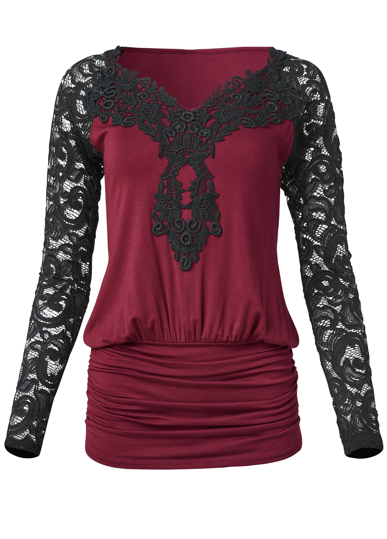 Lace Detail Ruched Top - Wine Multi - Image 6