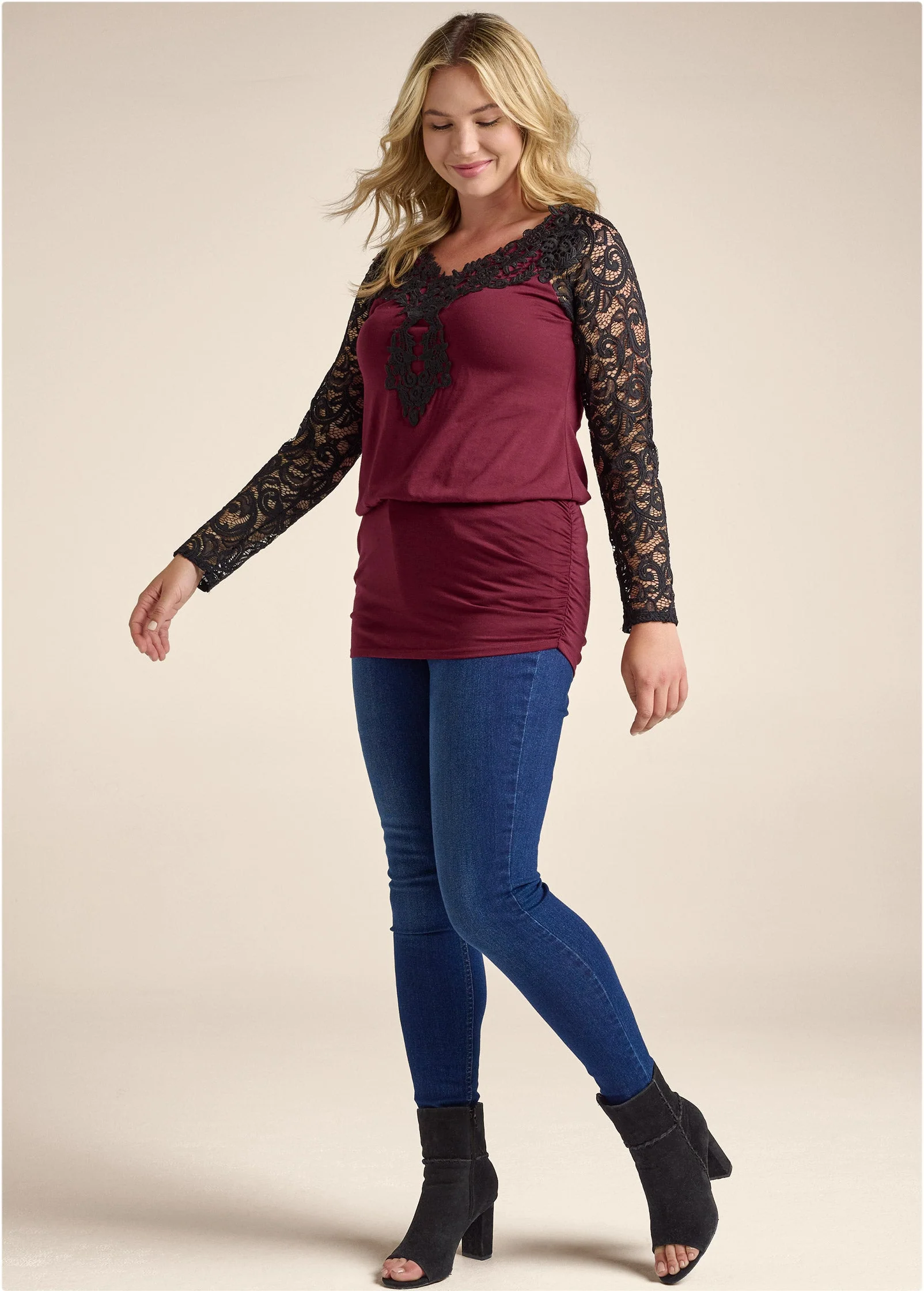 Lace Detail Ruched Top - Wine Multi - Image 9