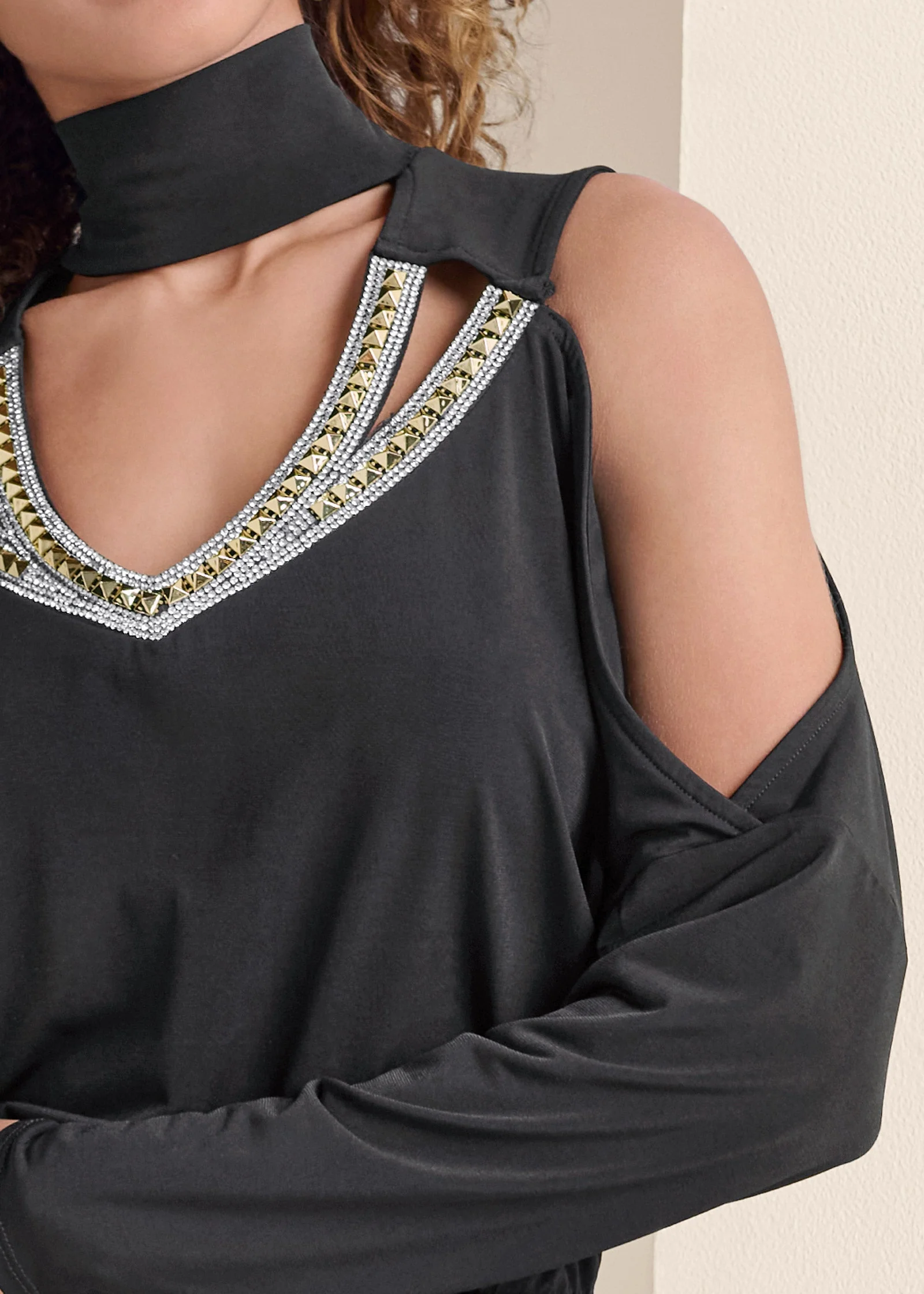 Embellished Cold-Shoulder Dress  - Black - Image 4