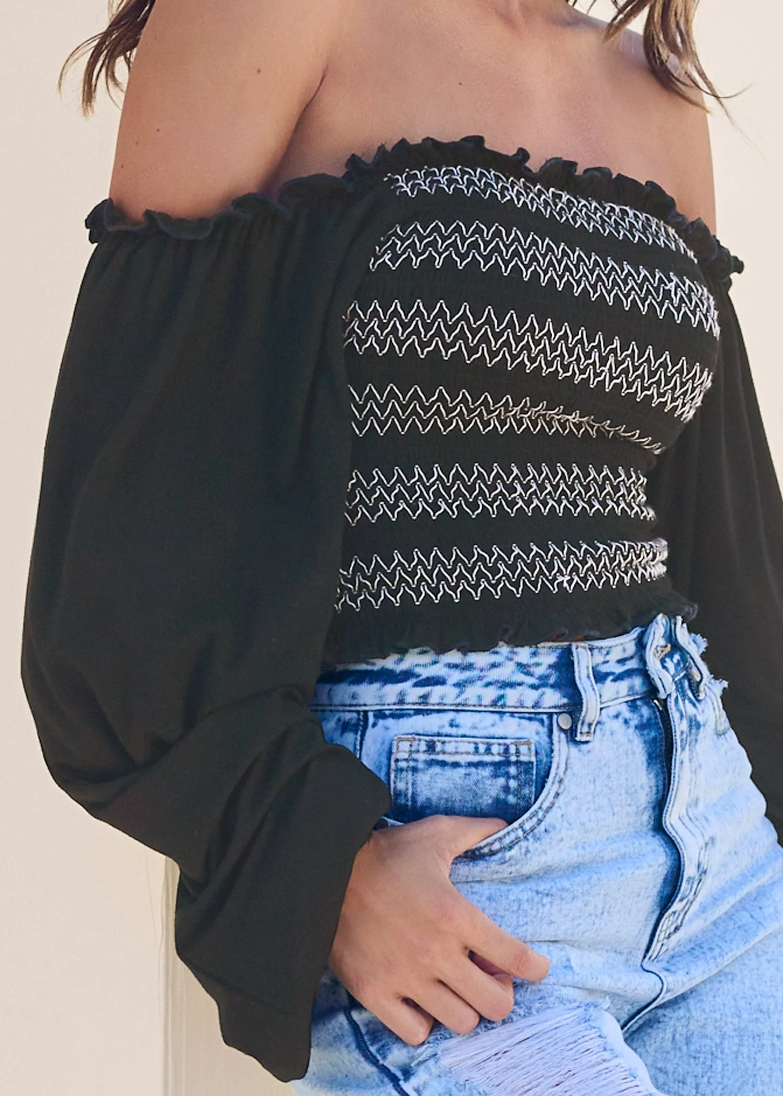Off-The-Shoulder Smock Top - Jet Black - Image 2