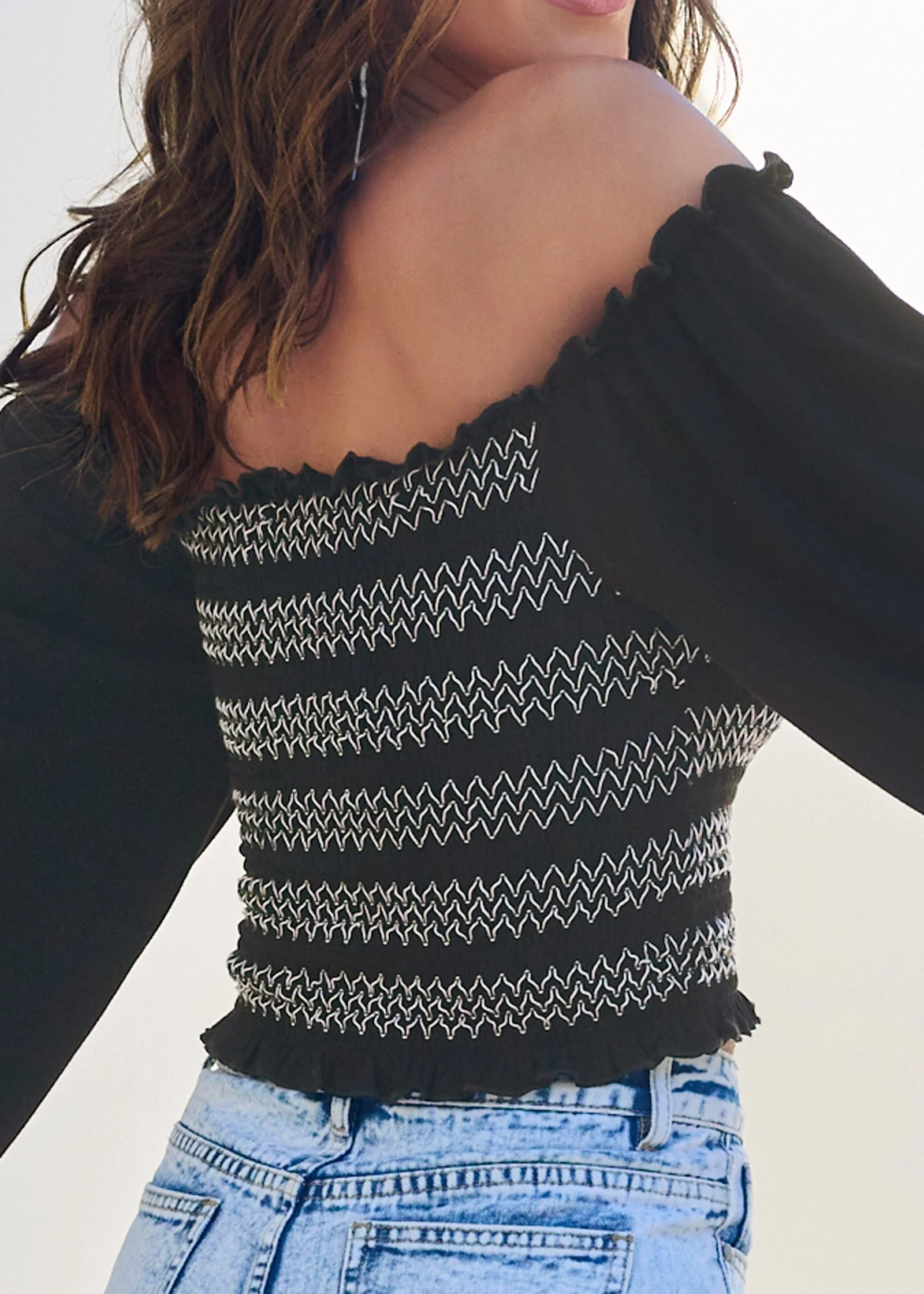 Off-The-Shoulder Smock Top - Jet Black - Image 3