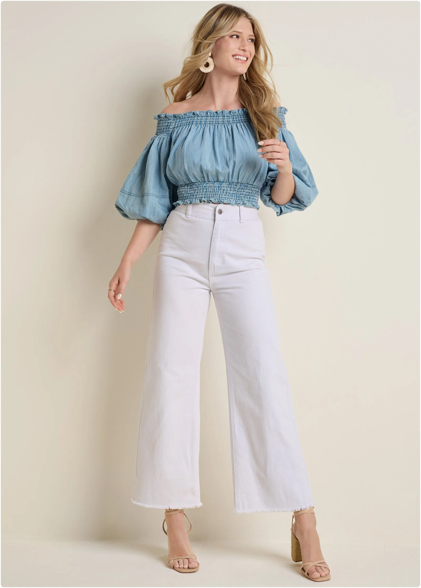 Off-The-Shoulder Cropped To - Blue & White - Image 2