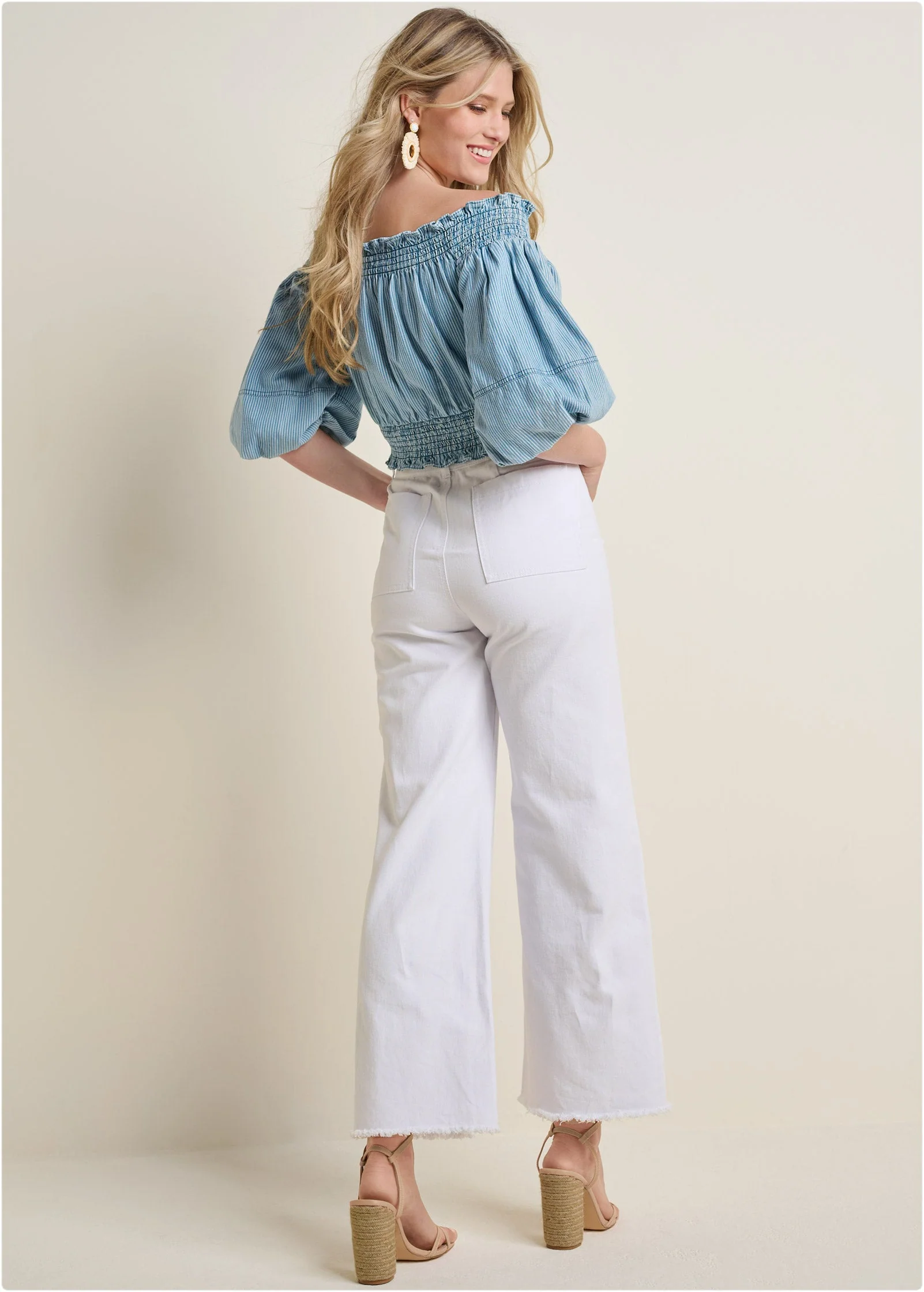 Off-The-Shoulder Cropped To - Blue & White - Image 3