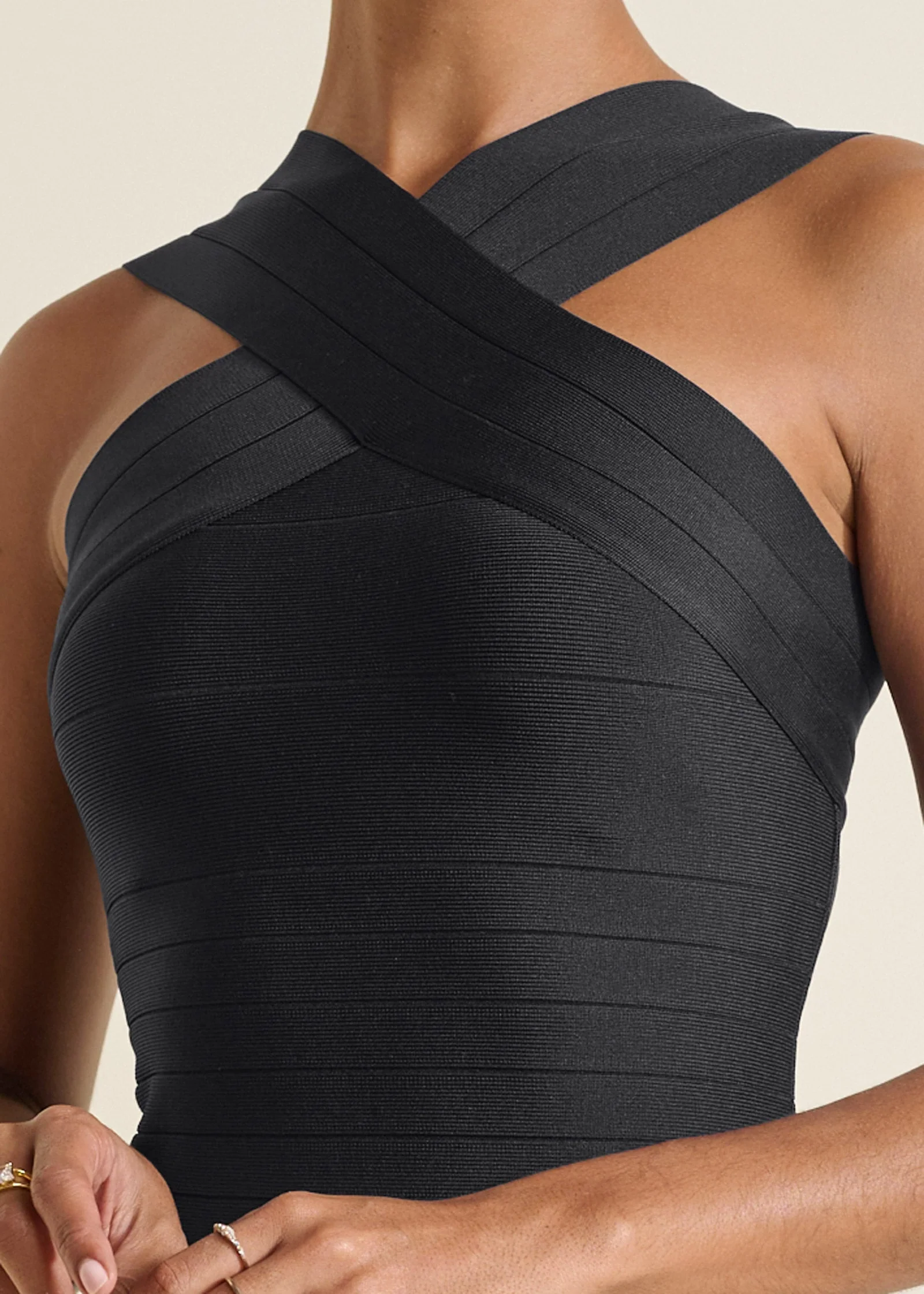Cross-Neck Bandage Dress - Jet Black - Image 3