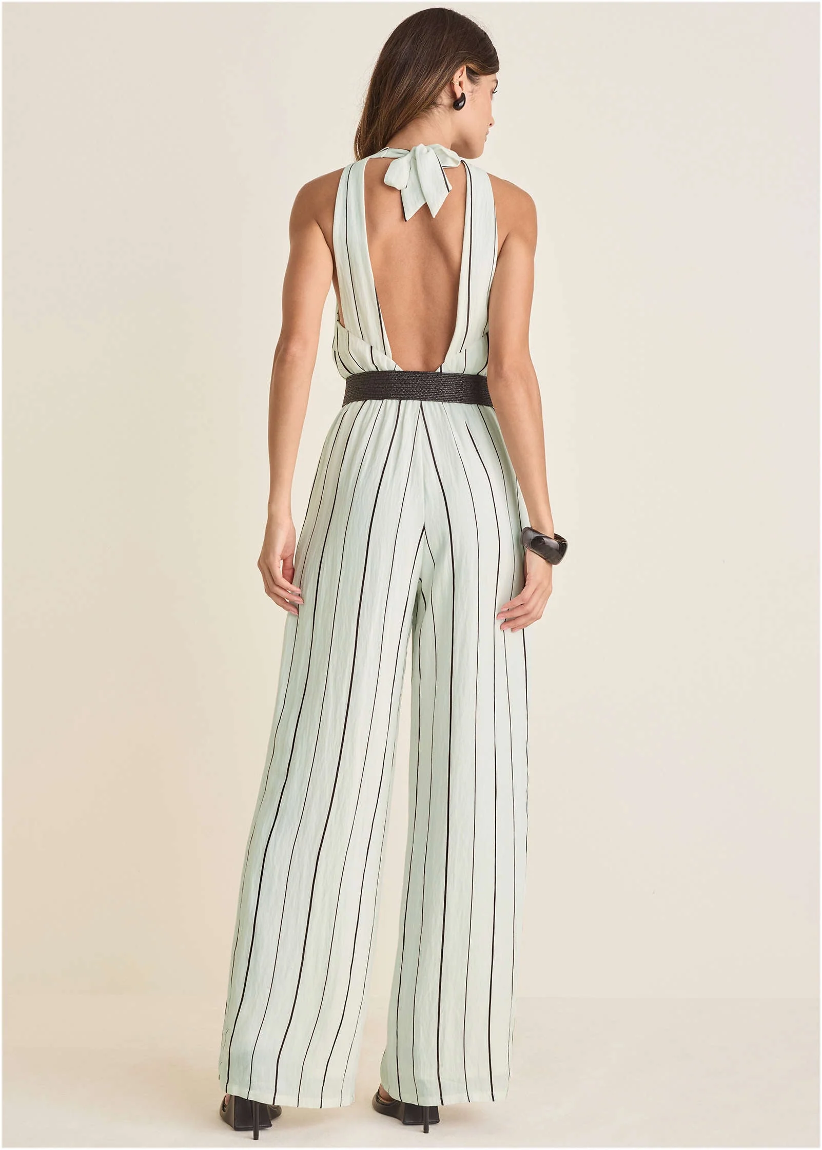 Striped Belted Jumpsuit - Black & White - Image 2