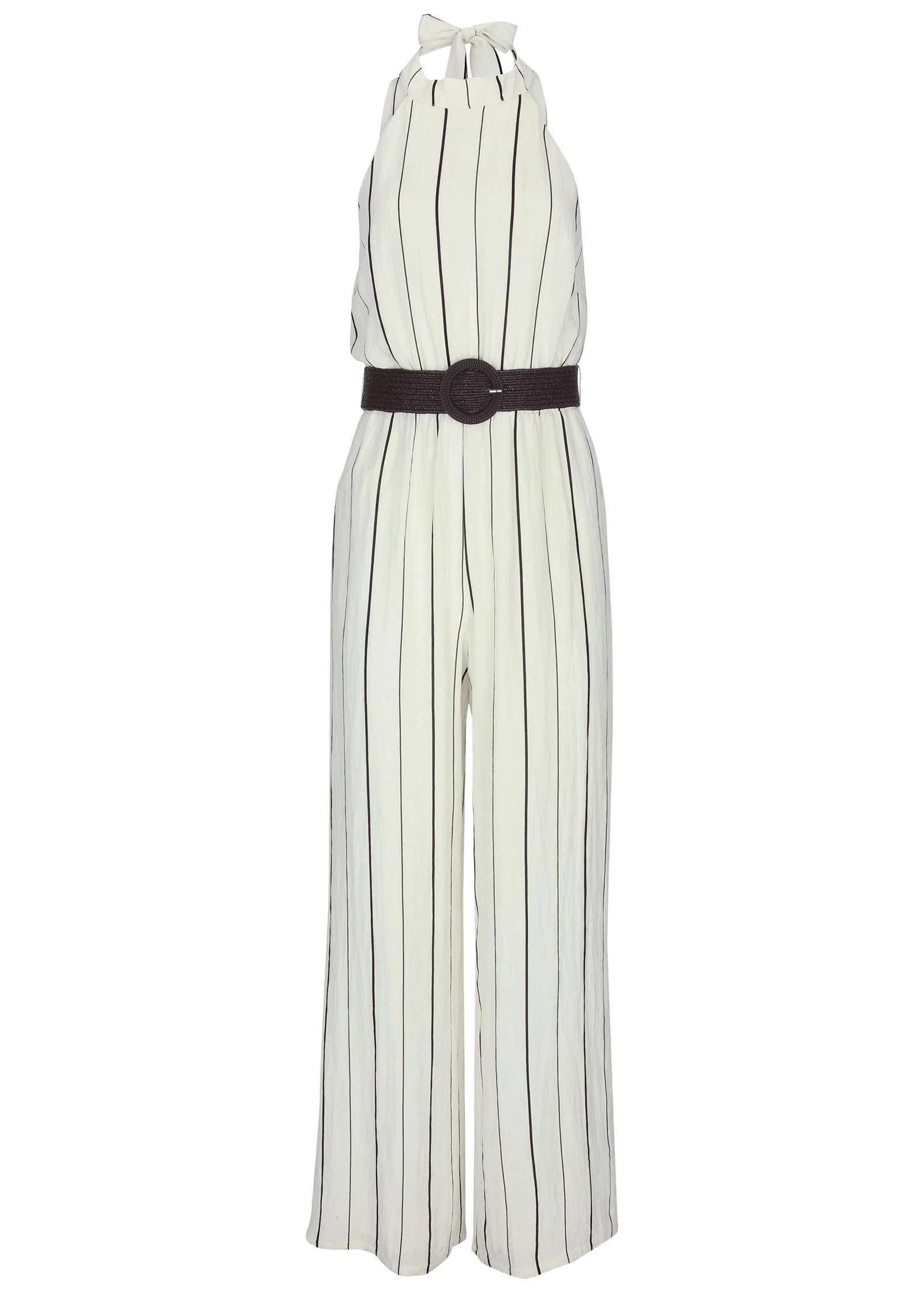 Striped Belted Jumpsuit - Black & White - Image 3