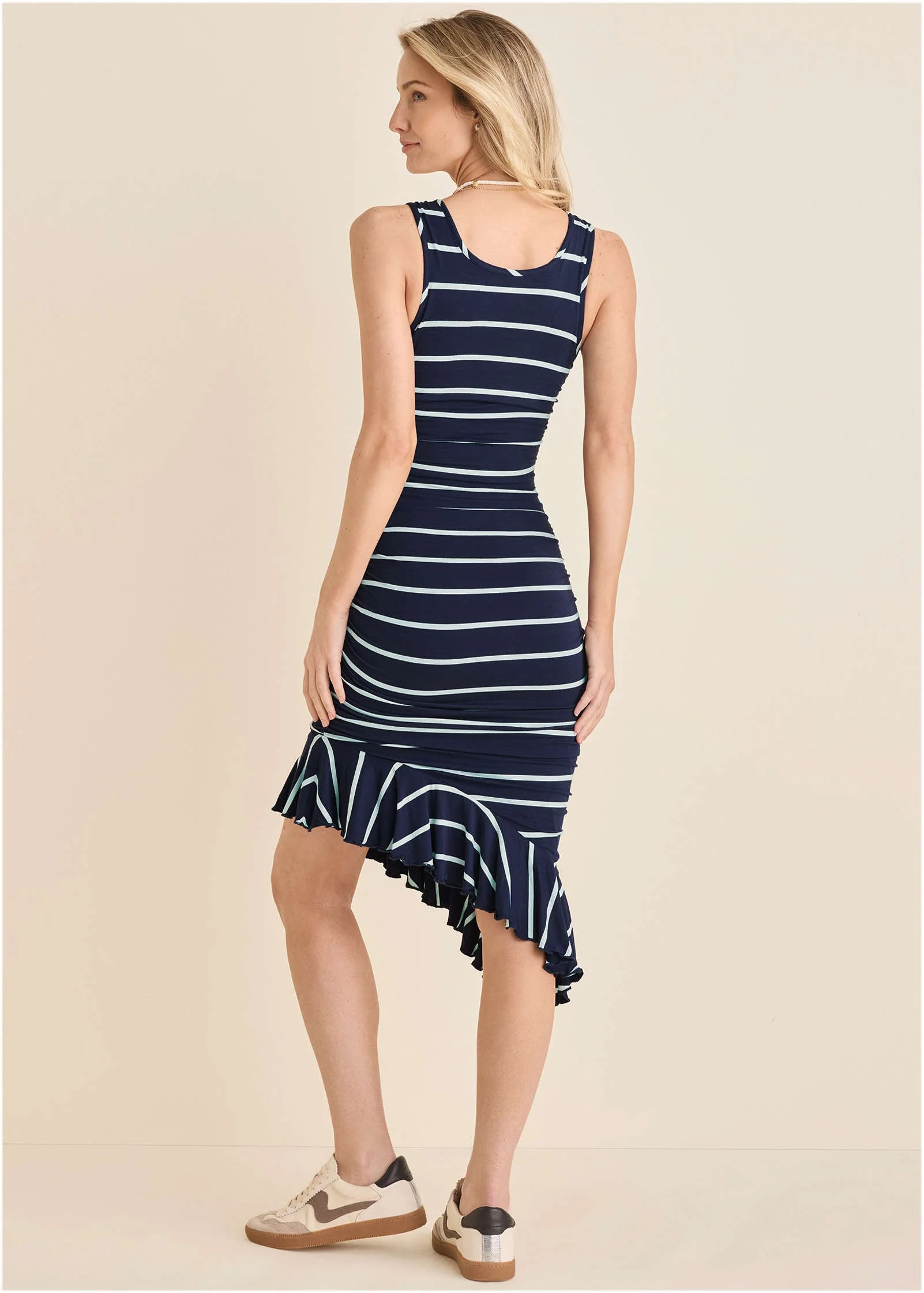 Ruffle Hem High-Low Dress - Navy & White - Image 3