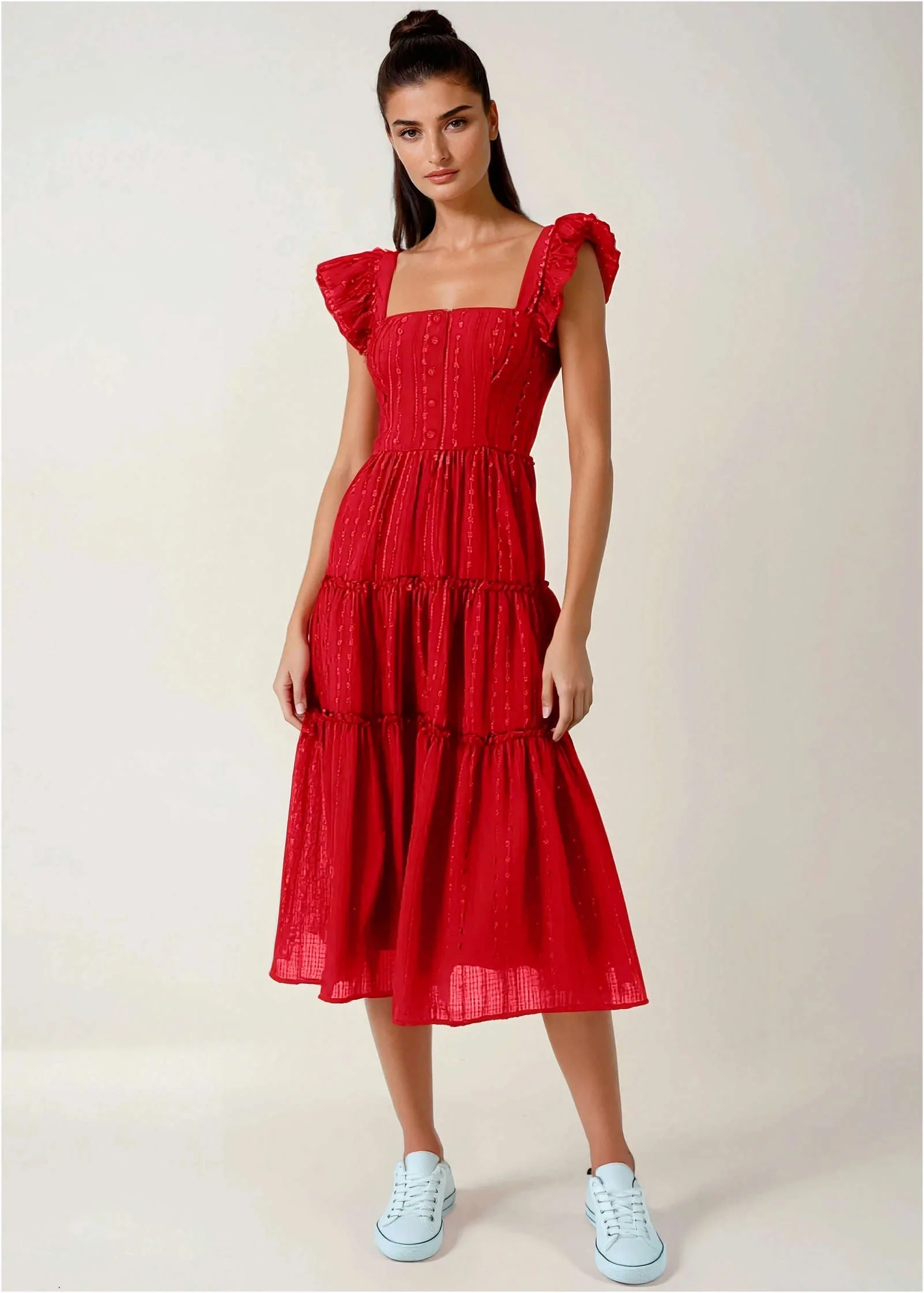 Textured Ruffle Maxi Dress - Red