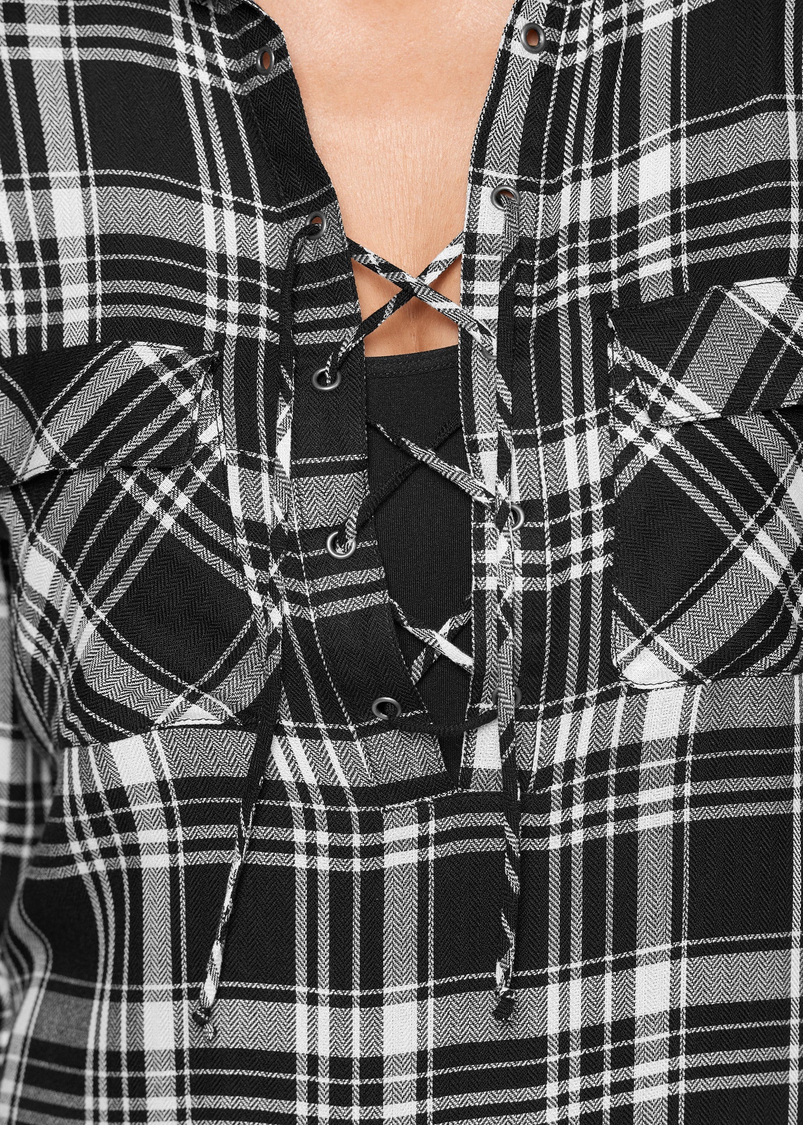 Plaid Lace-Up Top - Black Multi - Image 3