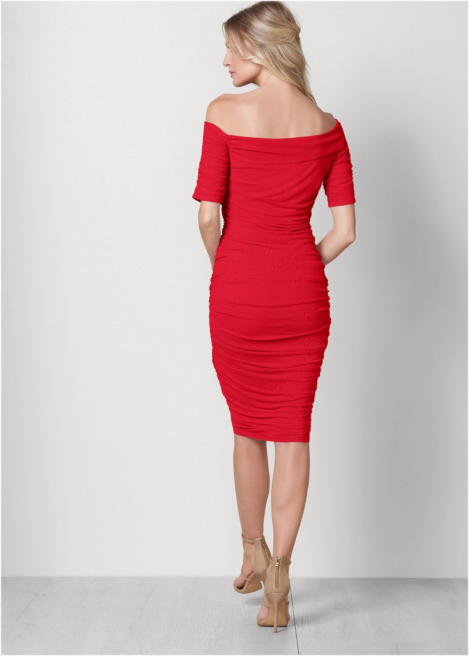 Ruched Mesh Bodycon Dress - Red - Image 3
