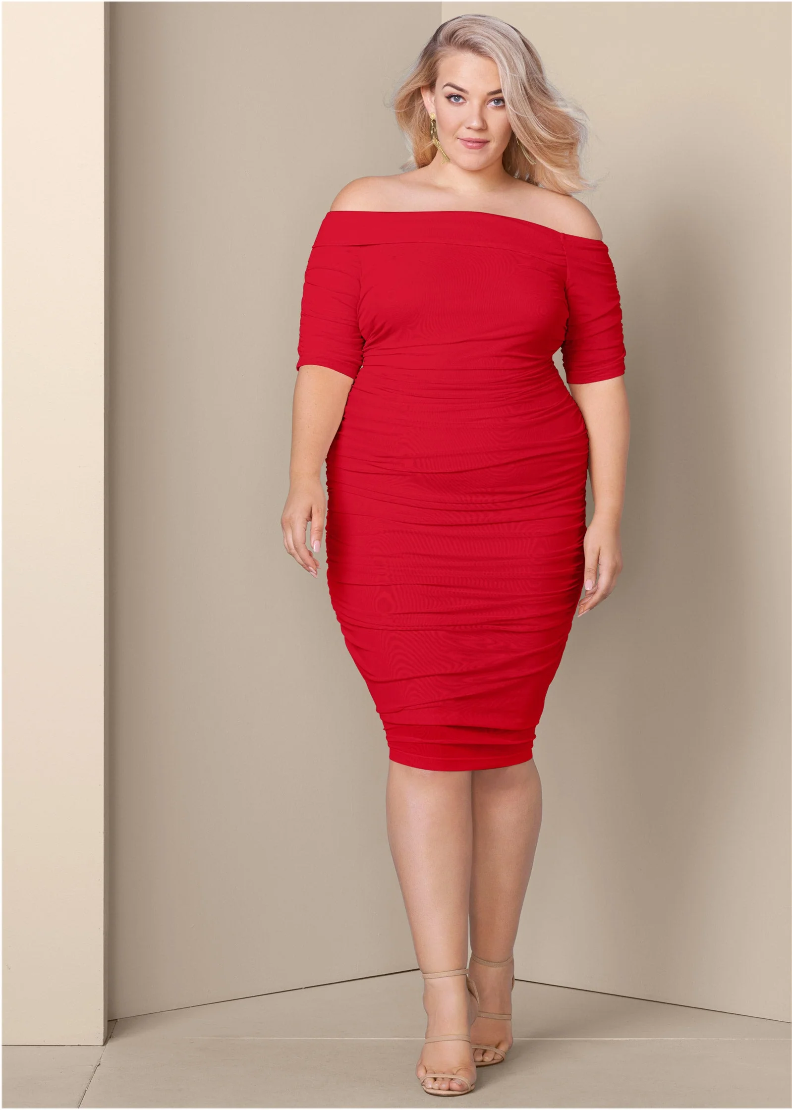 Ruched Mesh Bodycon Dress - Red - Image 6