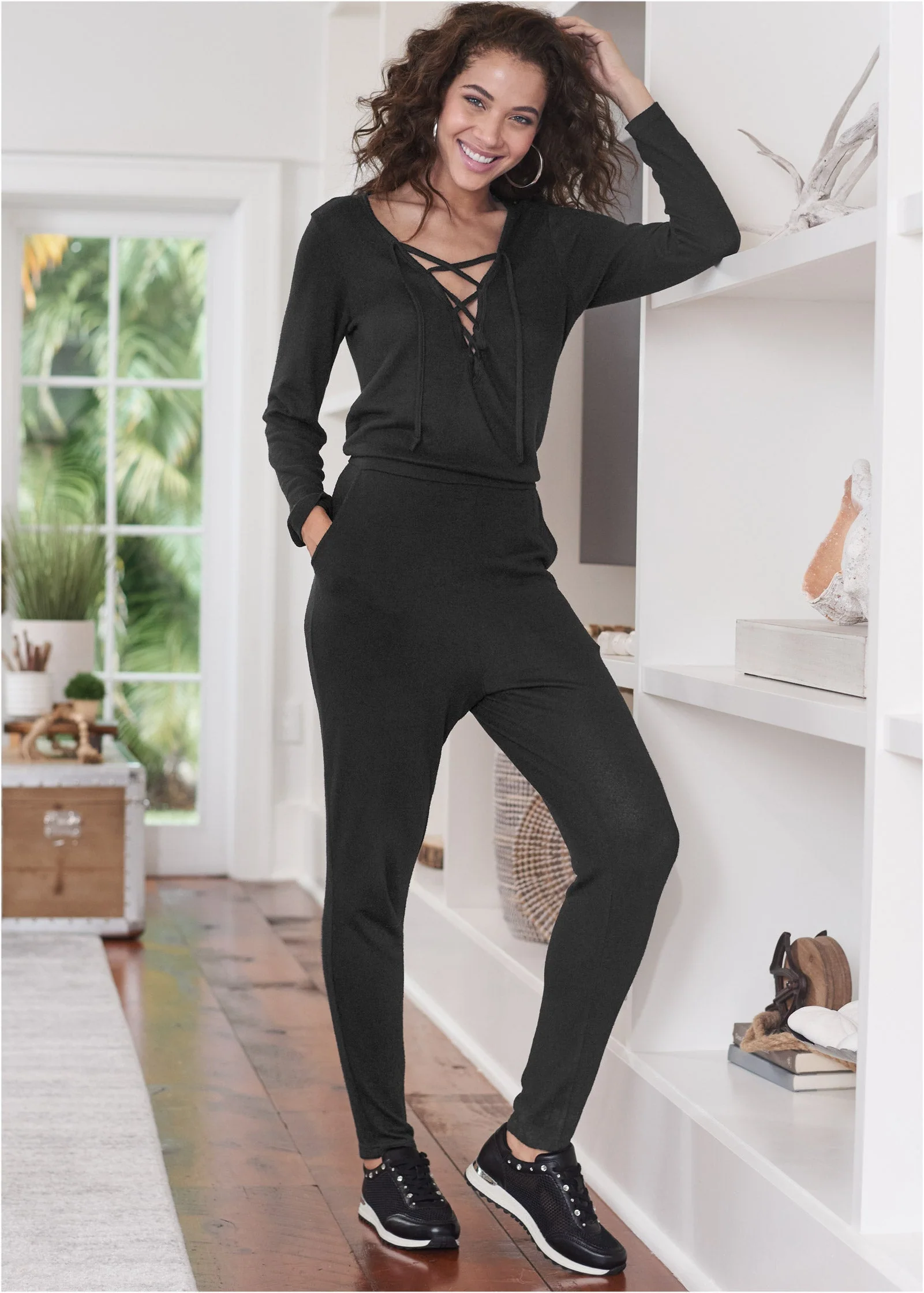 Cozy Hacci Lace-Up Jumpsuit - Black - Image 6