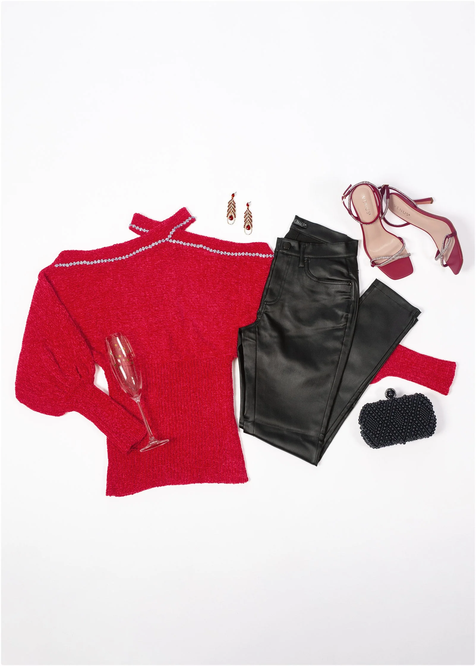 Jeweled Chenille Cold Shoulder Sweater - Red - Image 9