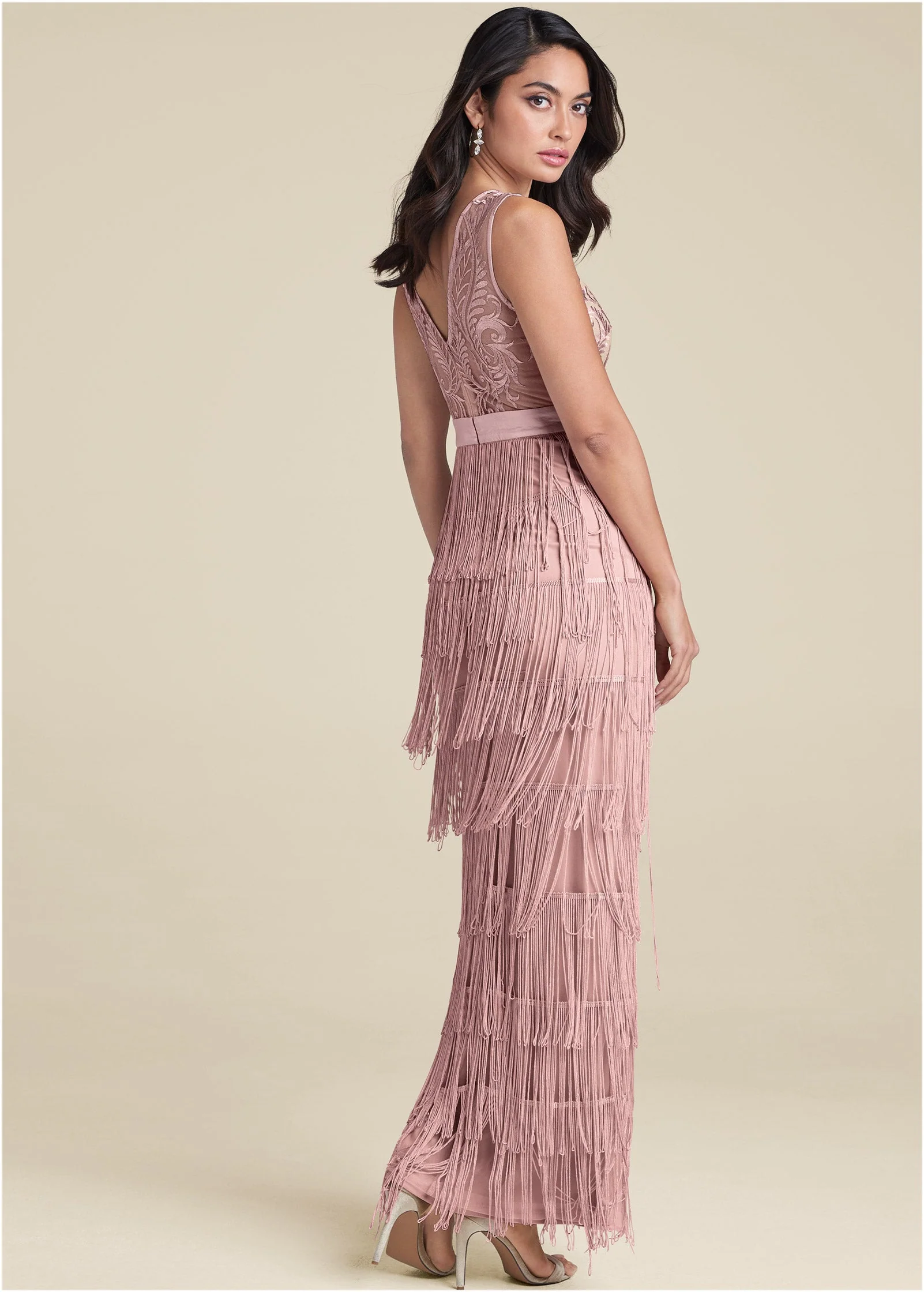 Embroidered Fringe Long Dress - Tan - Image 2