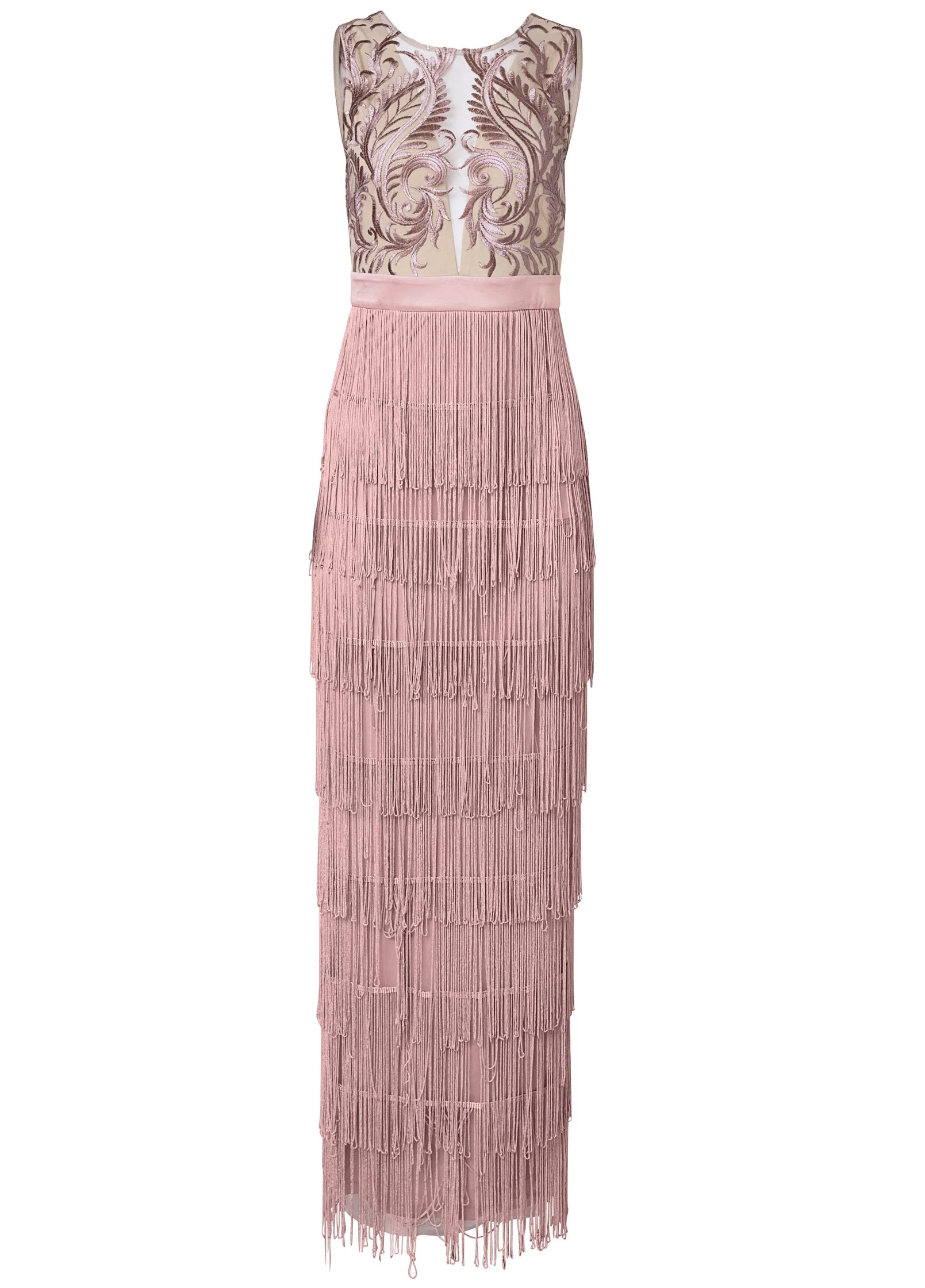 Embroidered Fringe Long Dress - Tan - Image 5