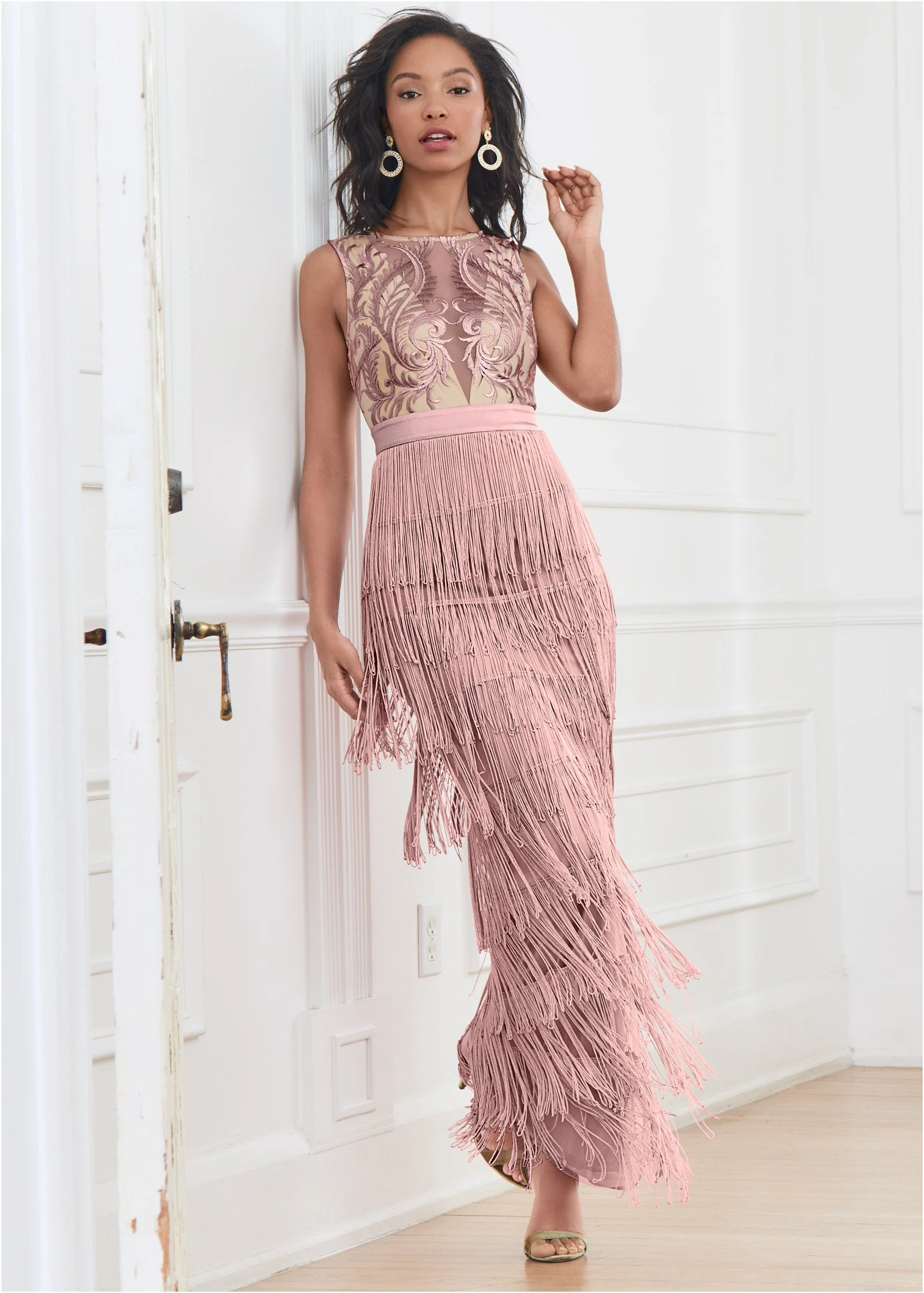 Embroidered Fringe Long Dress - Tan - Image 6