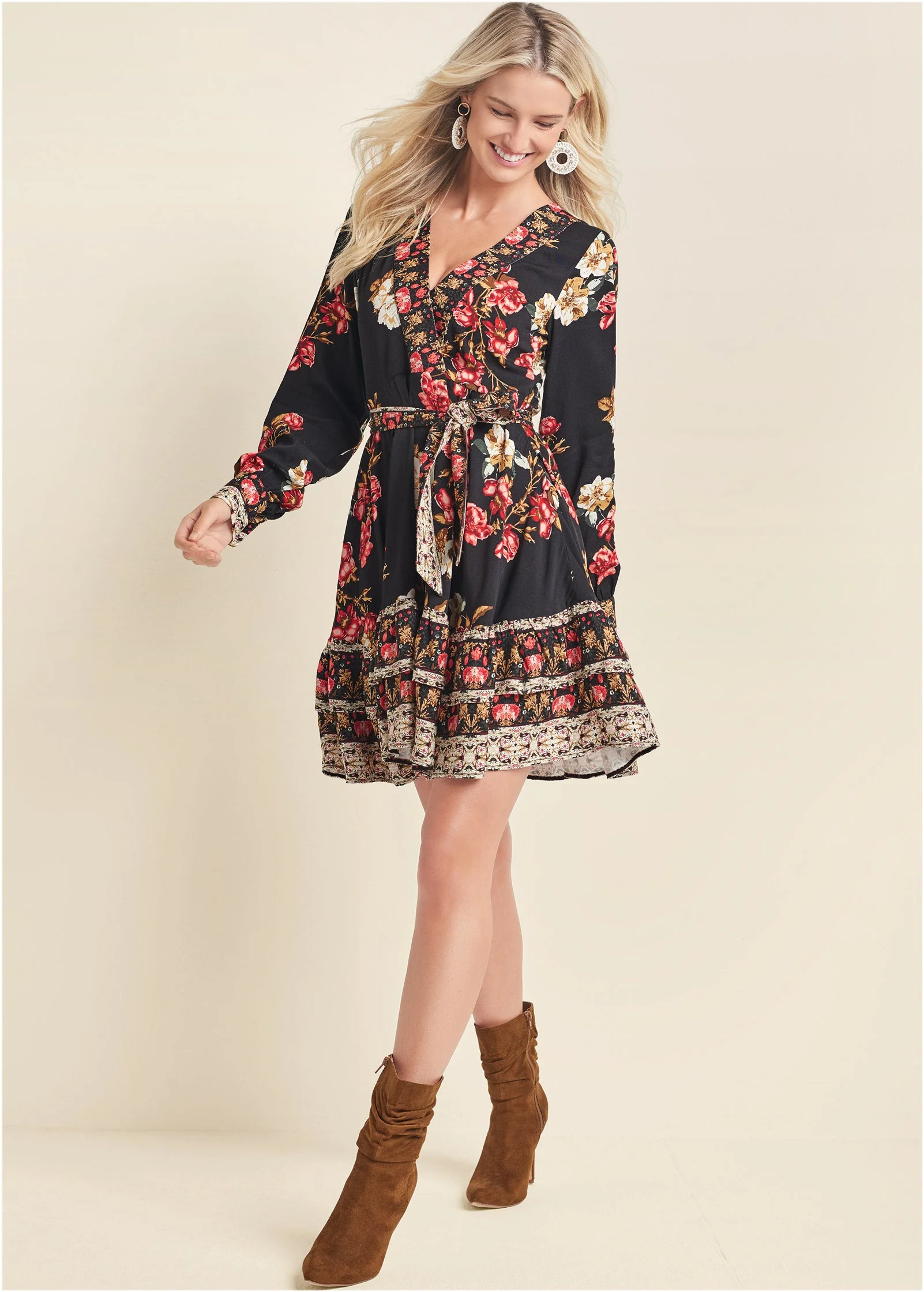 Floral Print Mini Dress - Black Multi - Image 2
