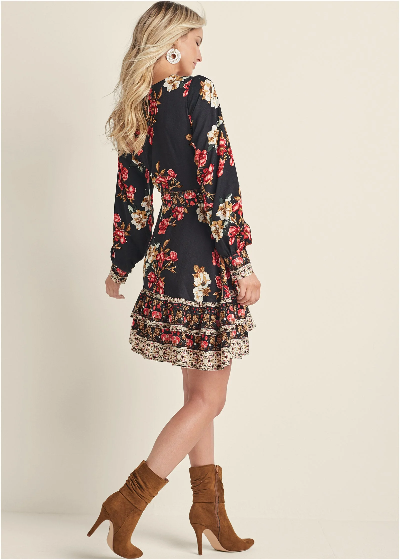 Floral Print Mini Dress - Black Multi - Image 3