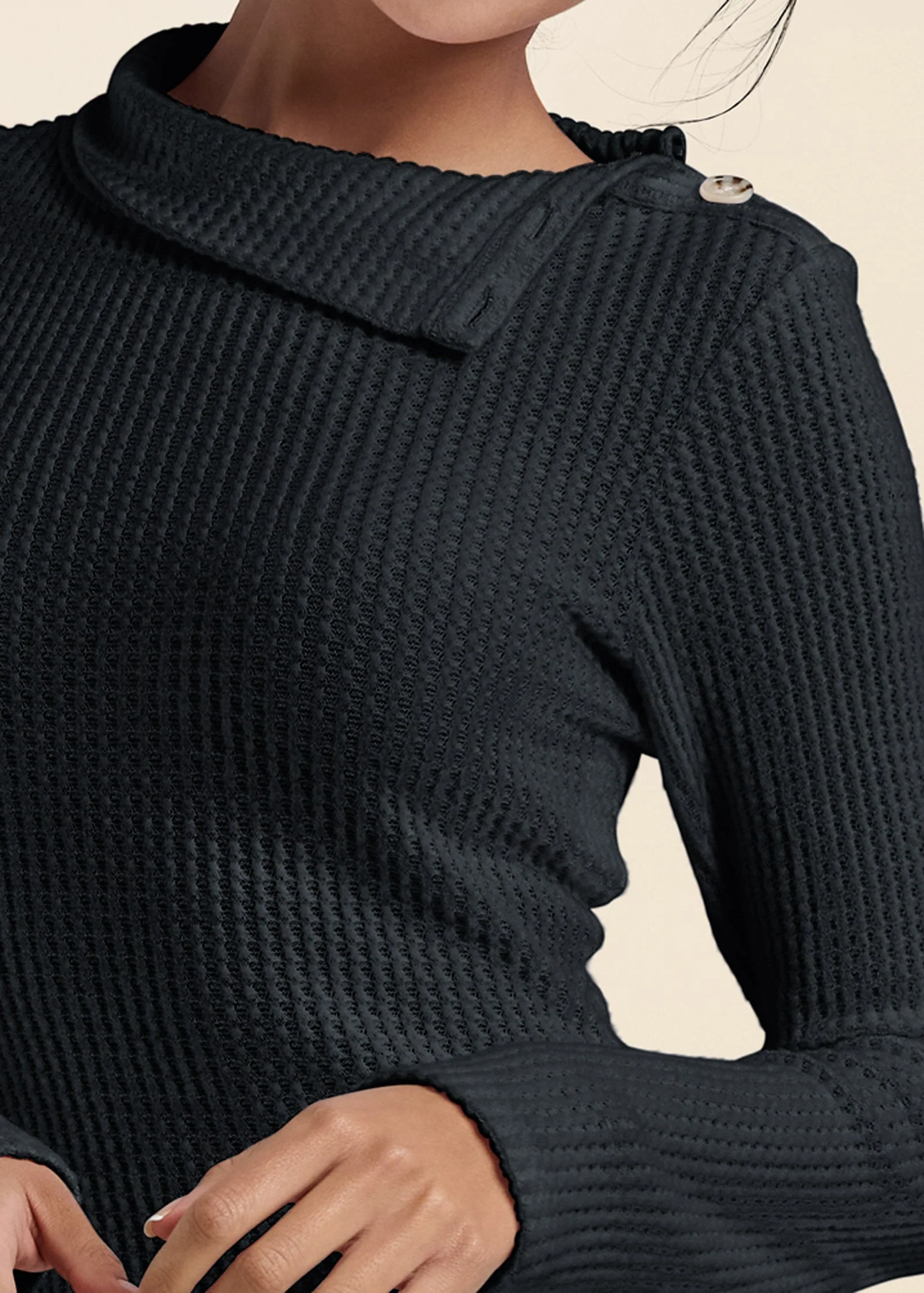 Brushed Waffle Foldover Dress - Black - Image 3