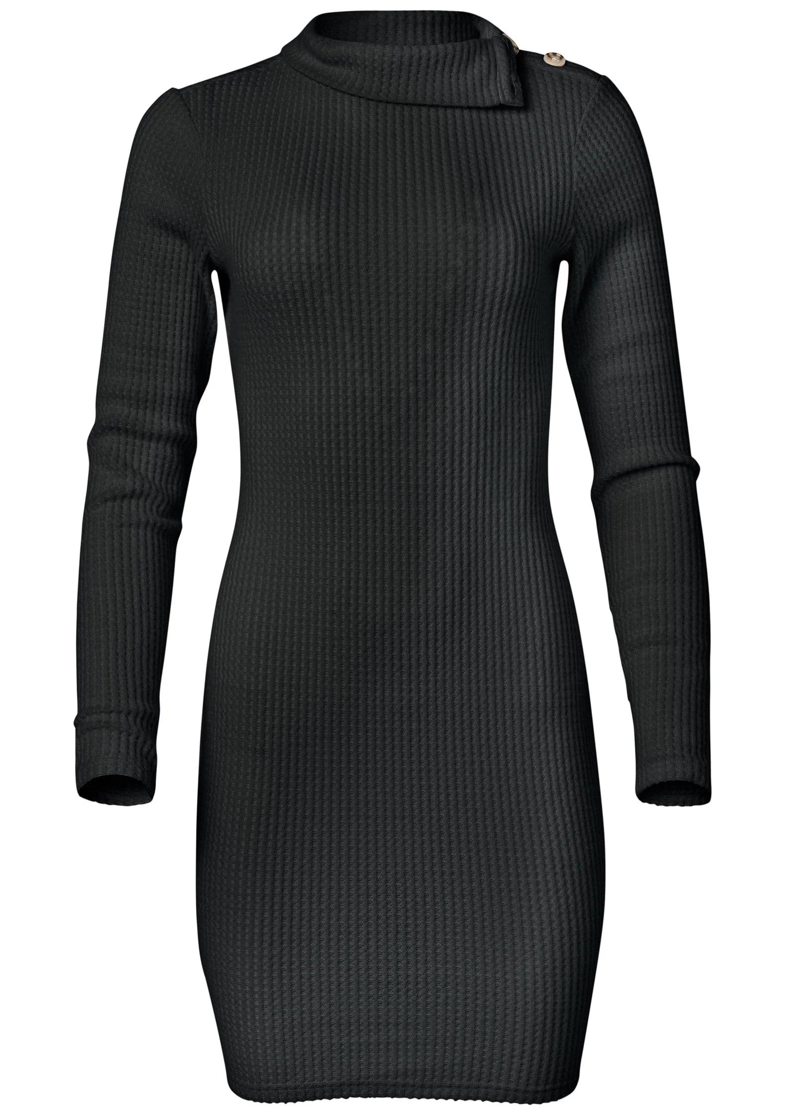 Brushed Waffle Foldover Dress - Black - Image 4