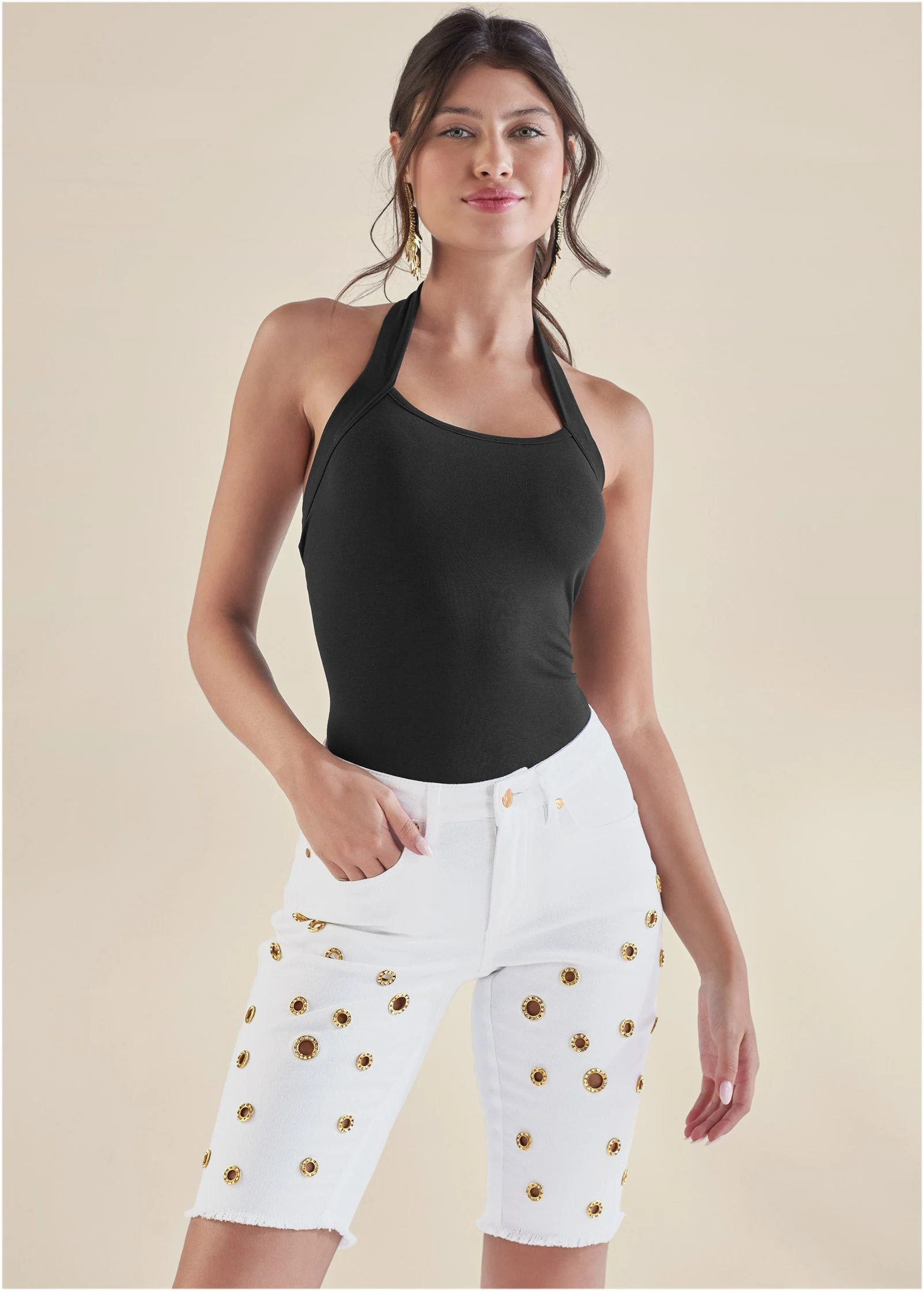 Grommet Detail Shorts - White Denim - Image 8