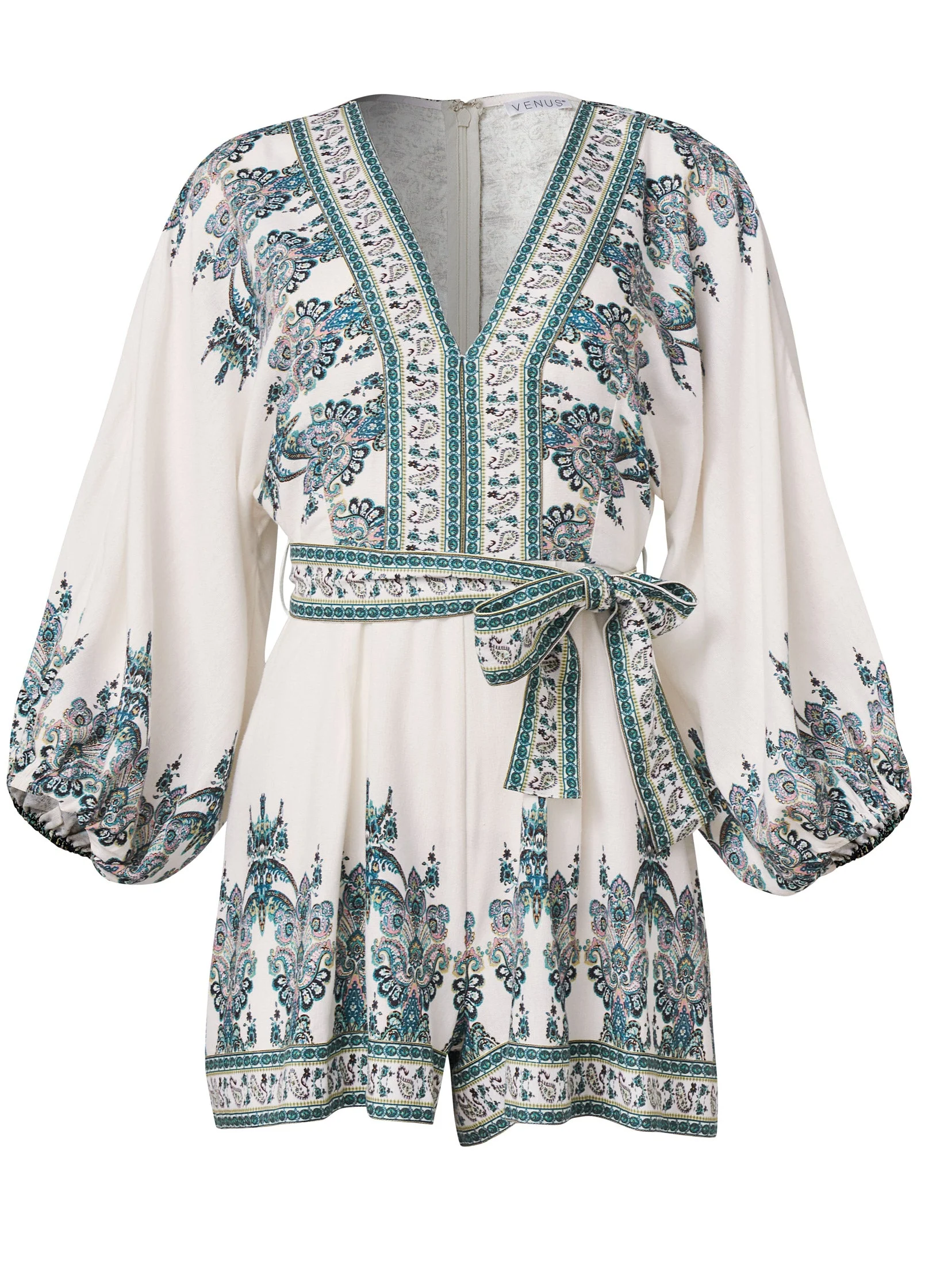 Paisley Print Linen Romper - White Multi - Image 4