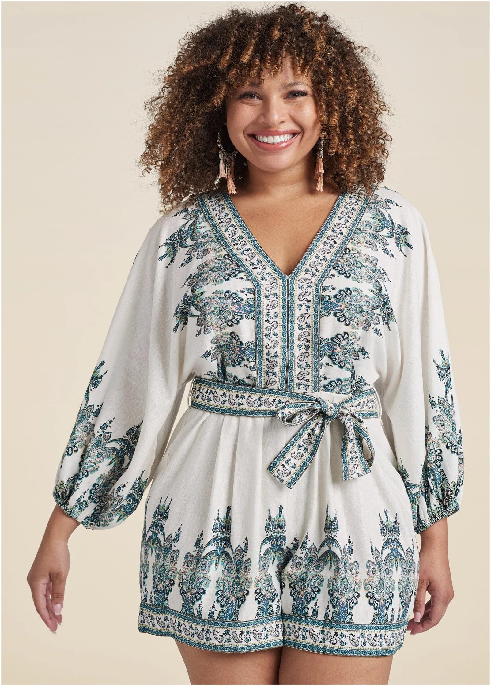 Paisley Print Linen Romper - White Multi - Image 5