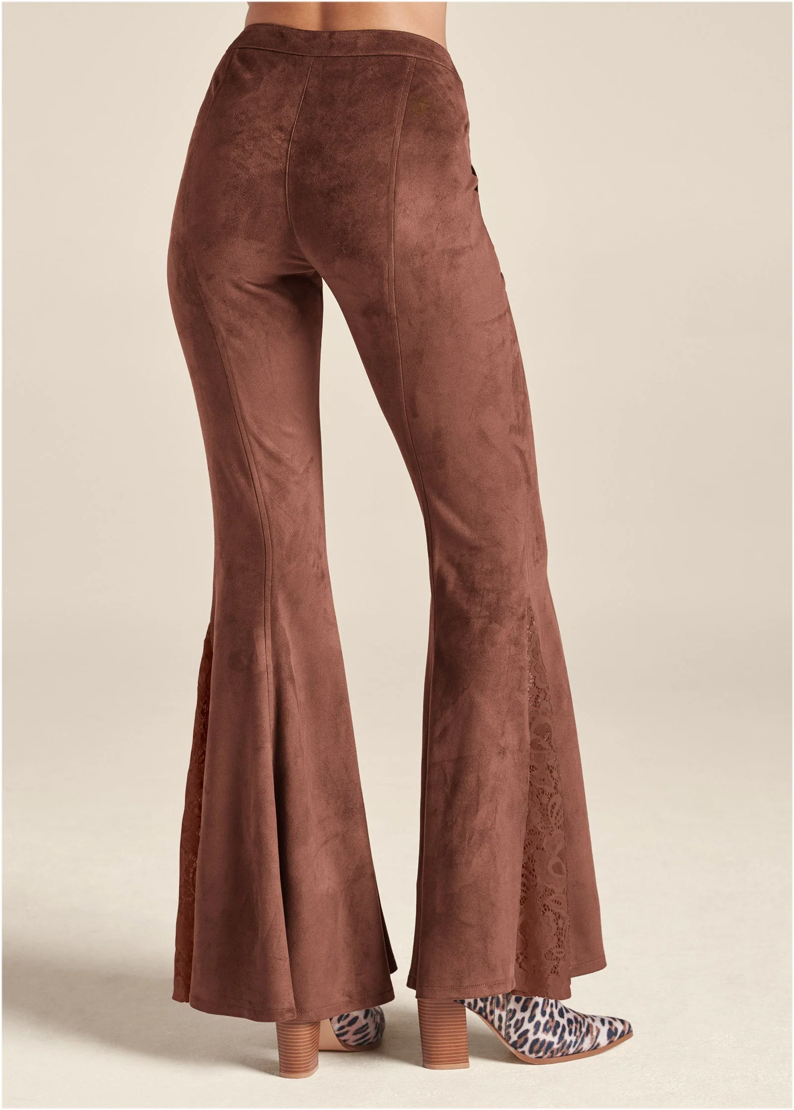 Faux Suede Flare Pants - Brown Multi - Image 3