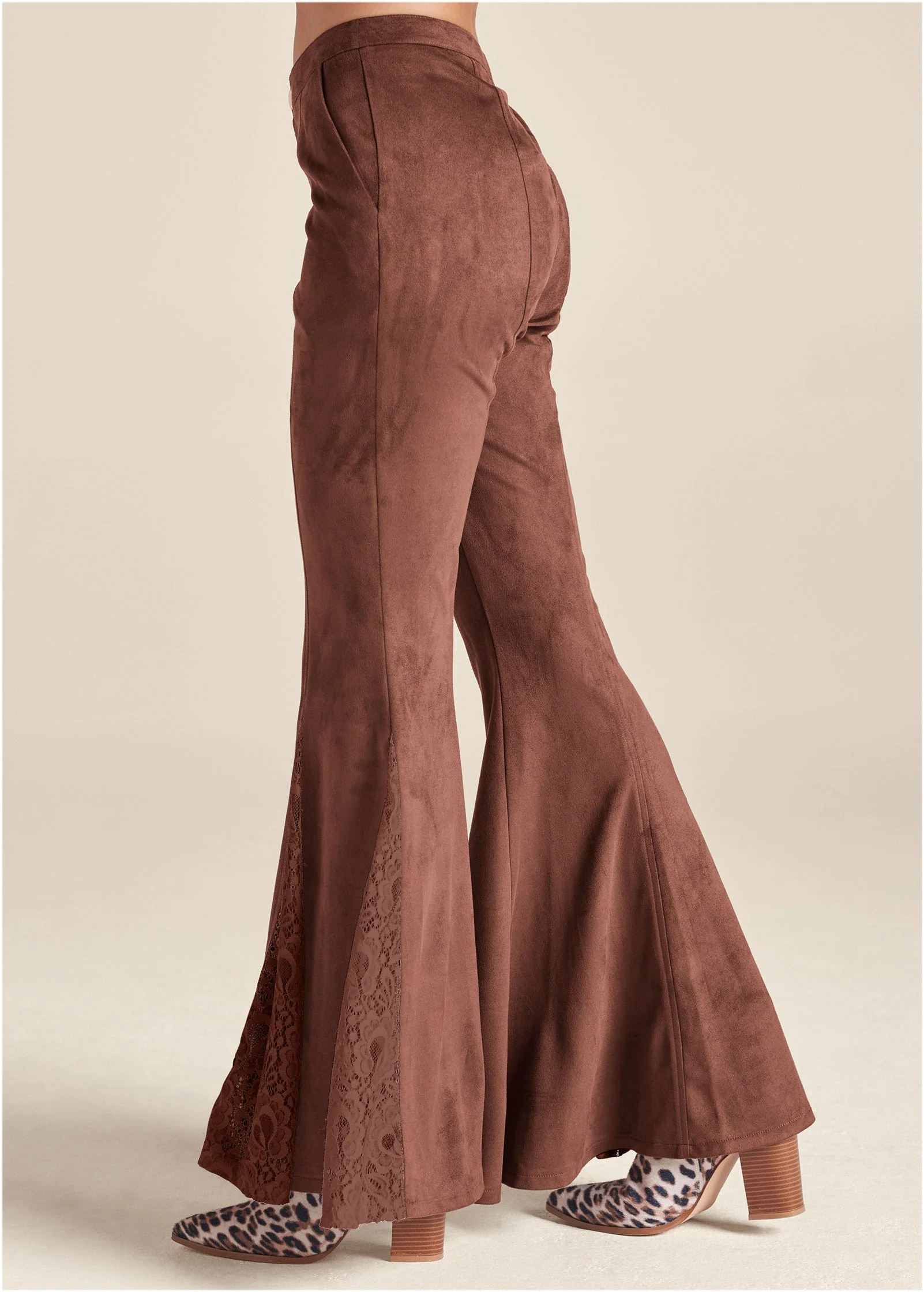 Faux Suede Flare Pants - Brown Multi - Image 4