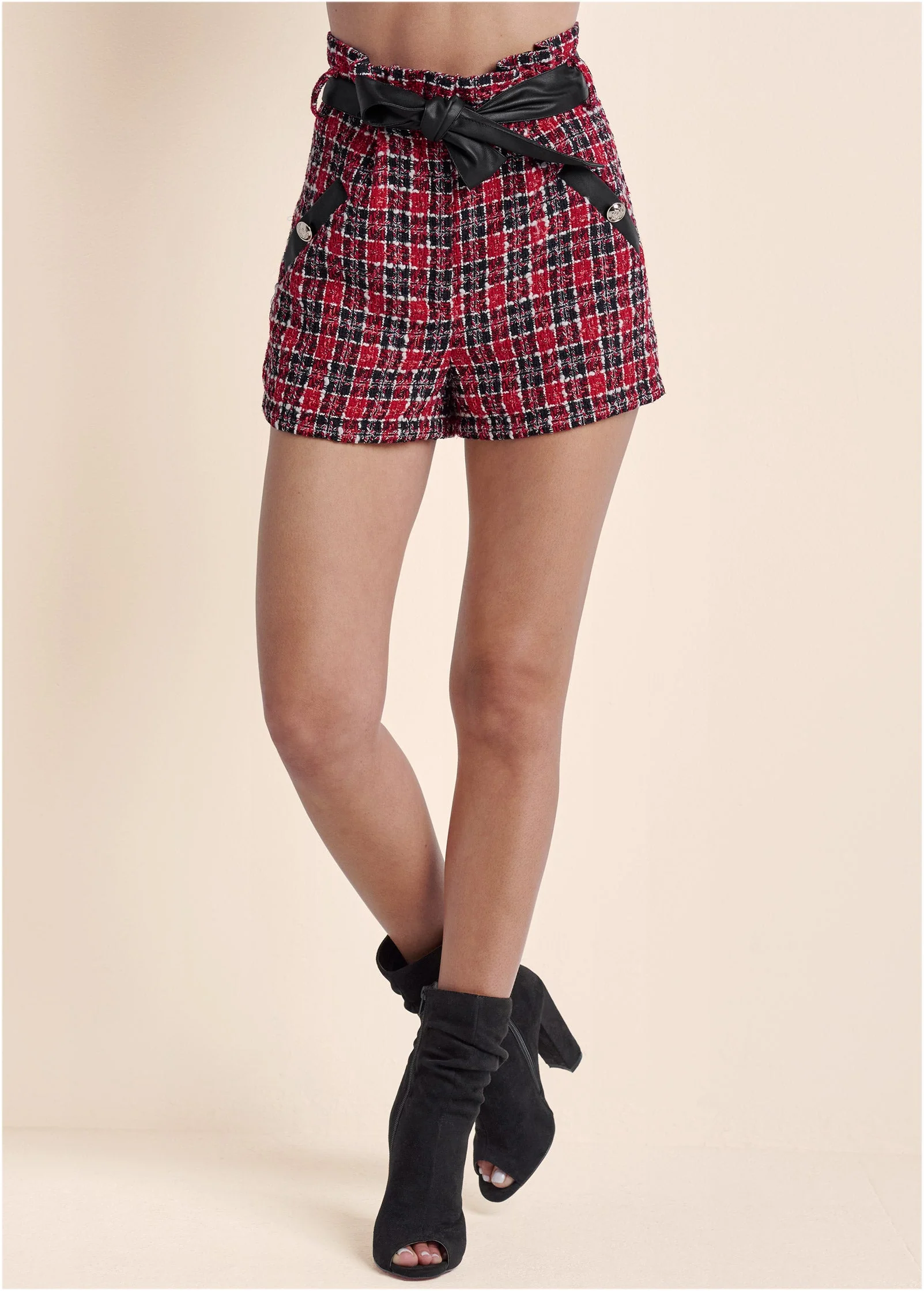 Paperbag High Waisted Tweed Short - Black & Red - Image 2
