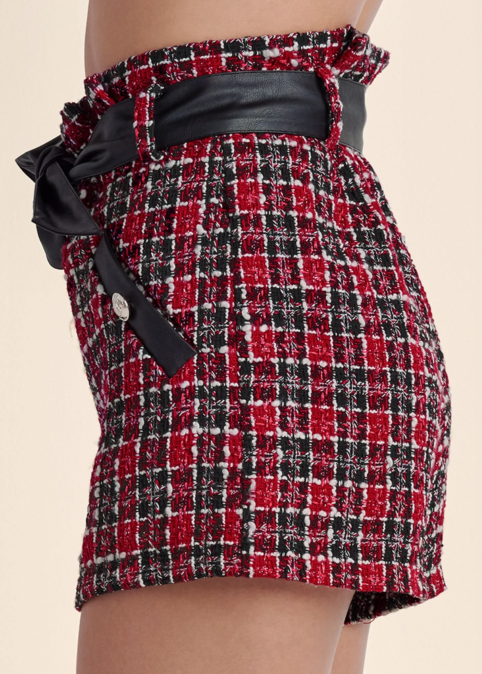Paperbag High Waisted Tweed Short - Black & Red - Image 6