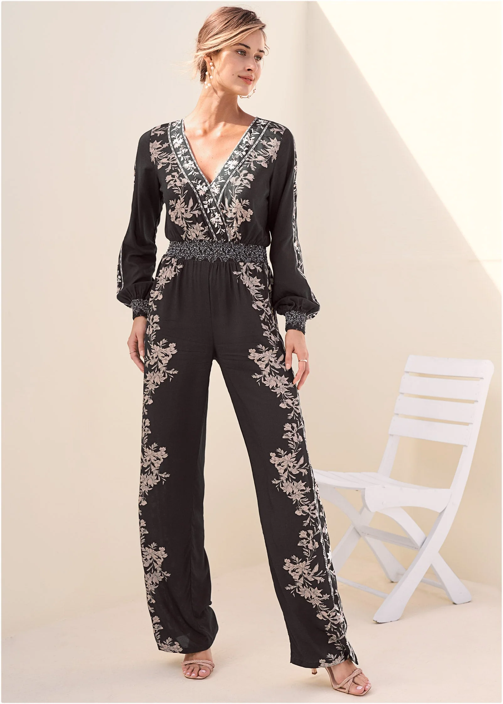 Leaf Print Smocked Jumpsuit - Black Multi