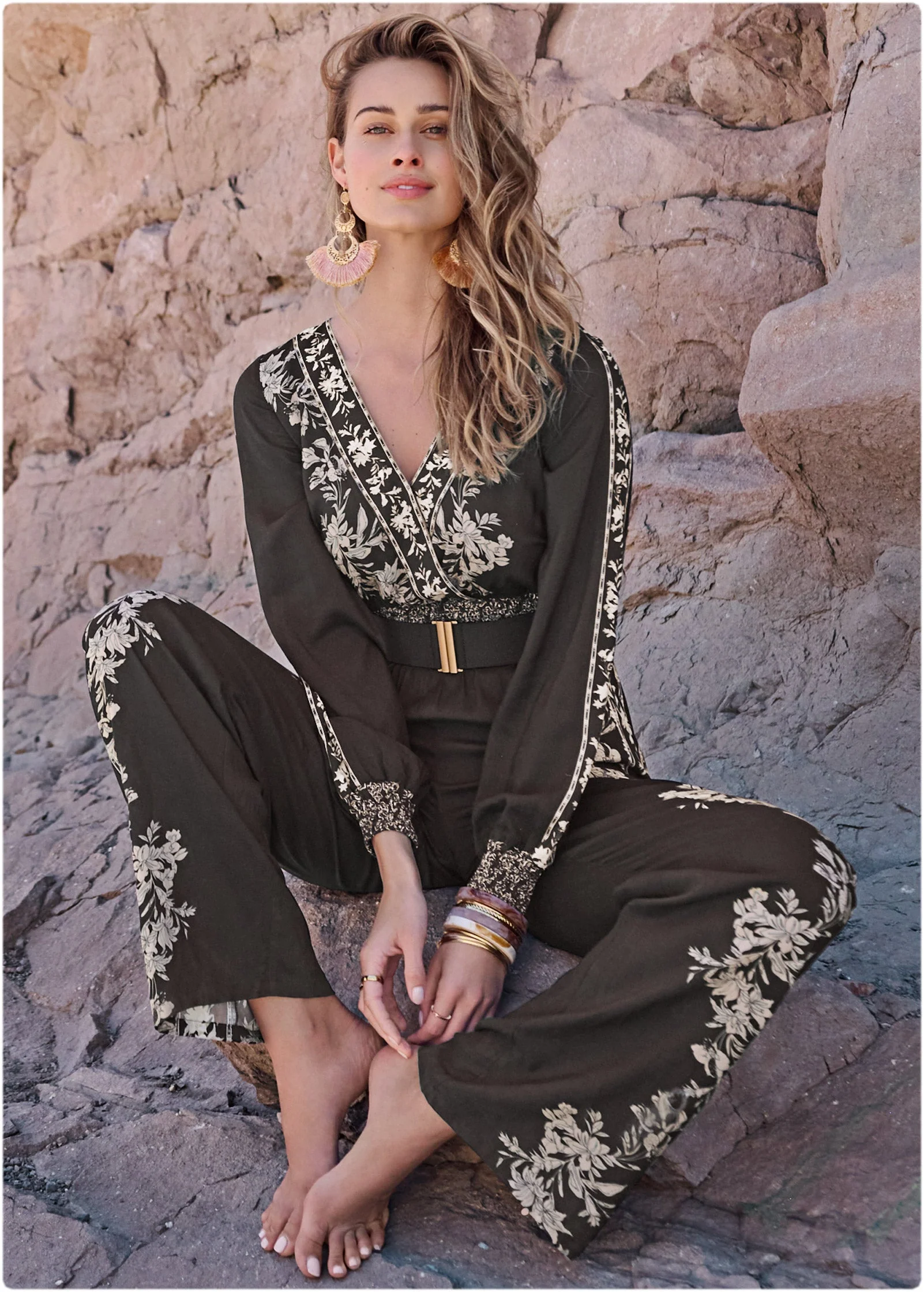 Leaf Print Smocked Jumpsuit - Black Multi - Image 10