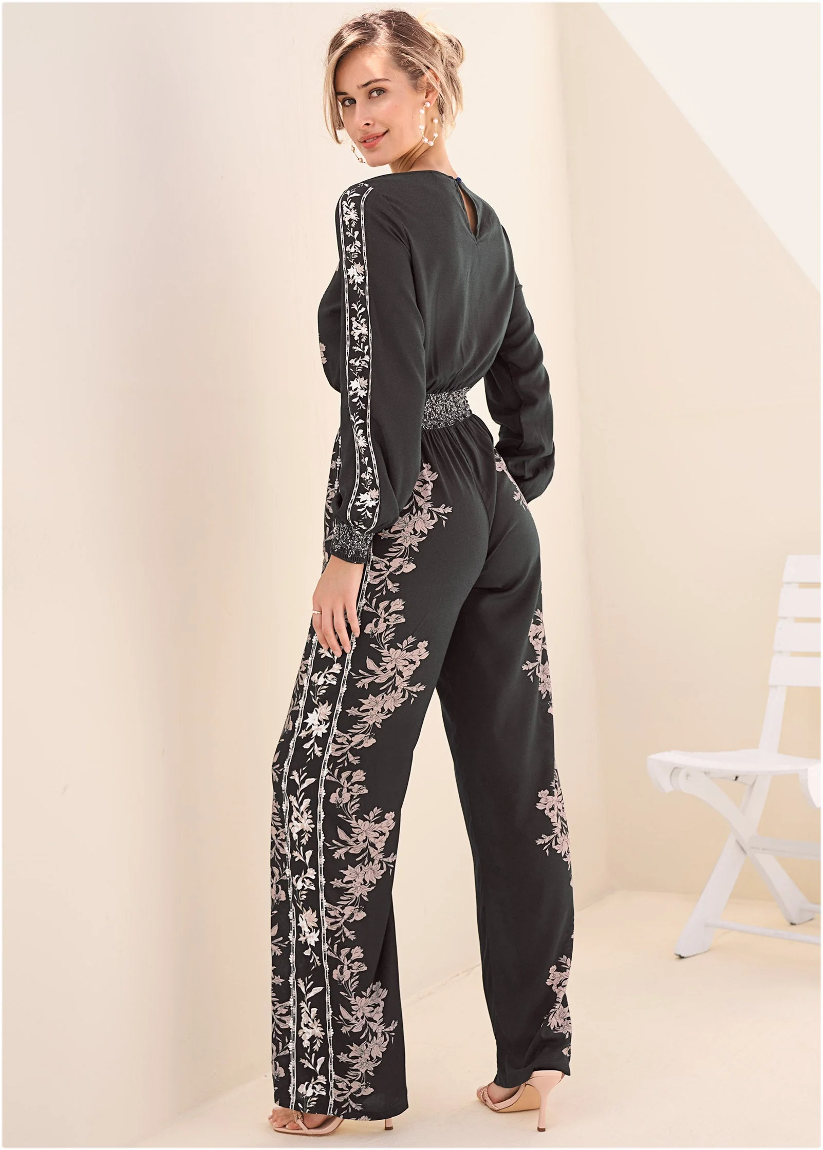 Leaf Print Smocked Jumpsuit - Black Multi - Image 2