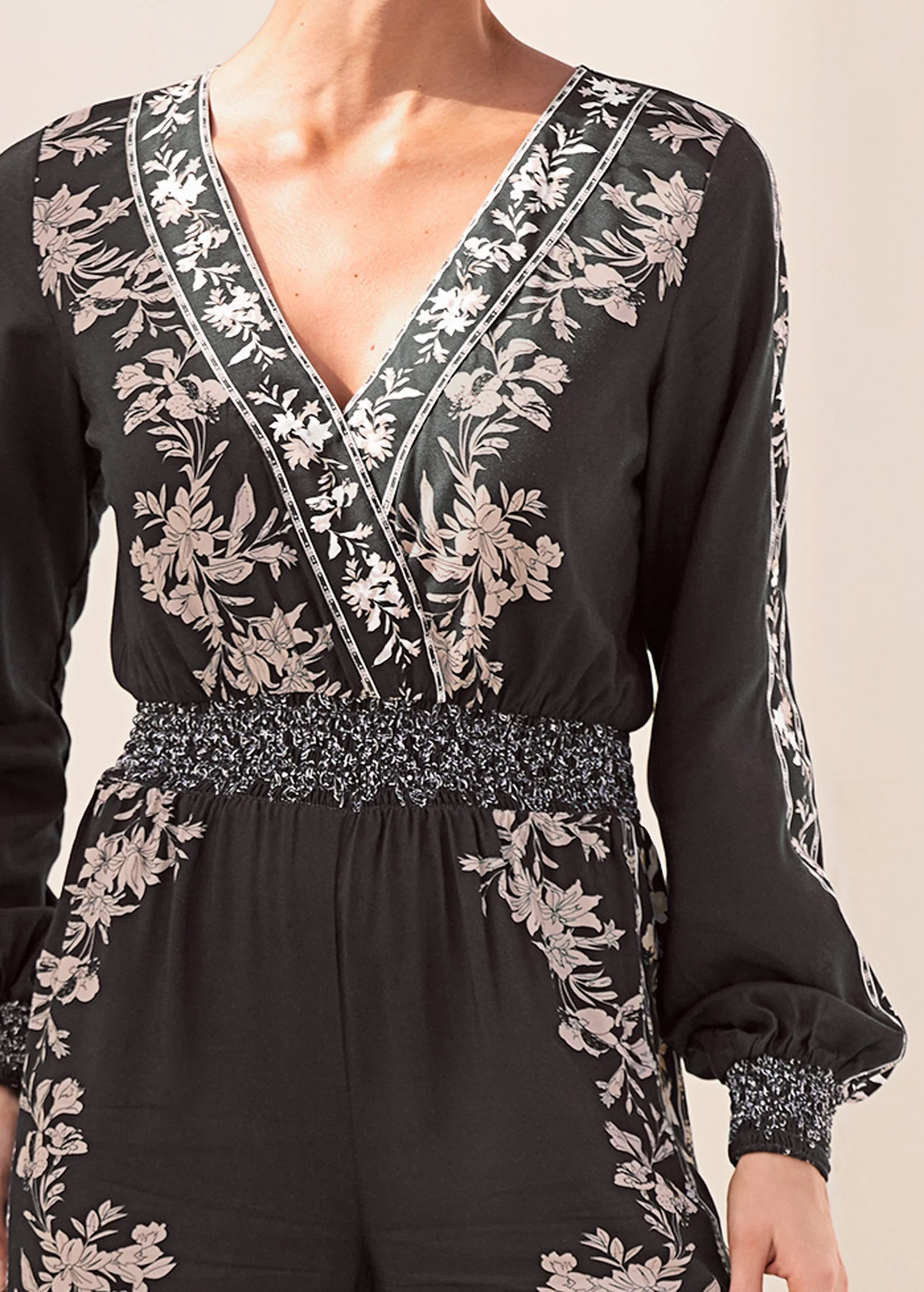 Leaf Print Smocked Jumpsuit - Black Multi - Image 3