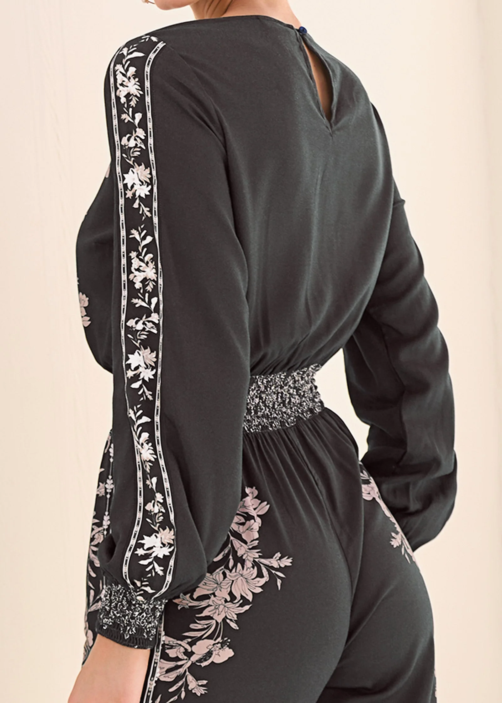 Leaf Print Smocked Jumpsuit - Black Multi - Image 4