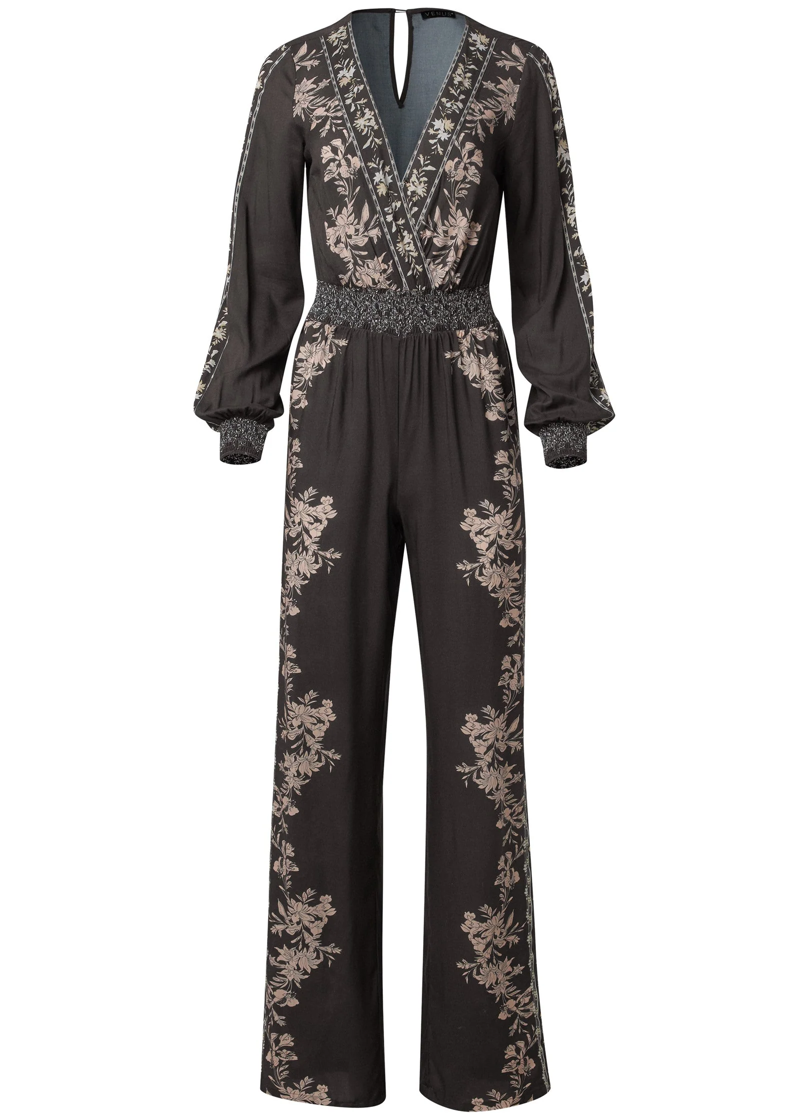 Leaf Print Smocked Jumpsuit - Black Multi - Image 5