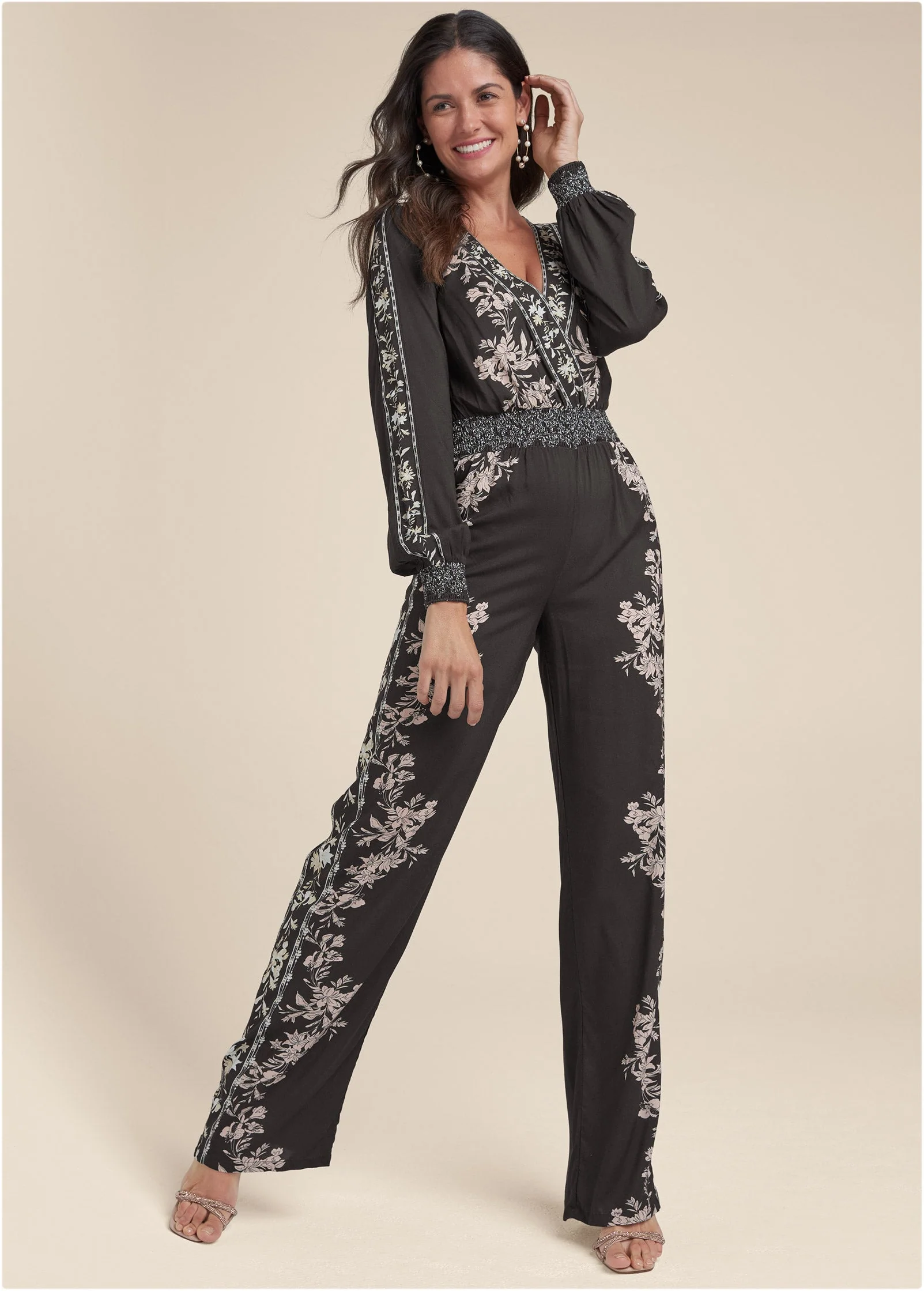 Leaf Print Smocked Jumpsuit - Black Multi - Image 6