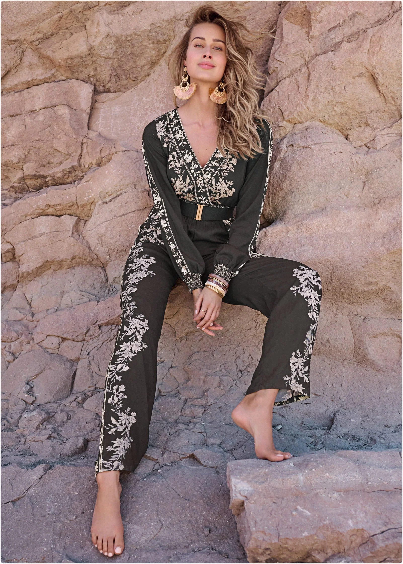 Leaf Print Smocked Jumpsuit - Black Multi - Image 7