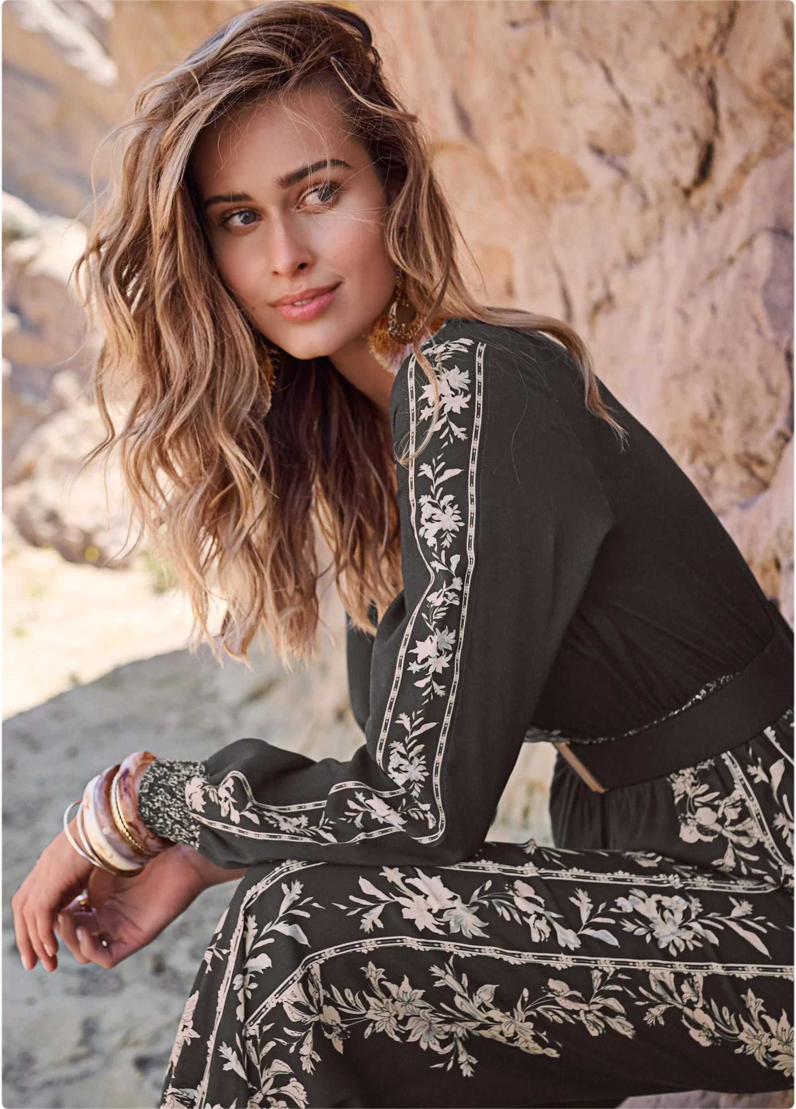 Leaf Print Smocked Jumpsuit - Black Multi - Image 8