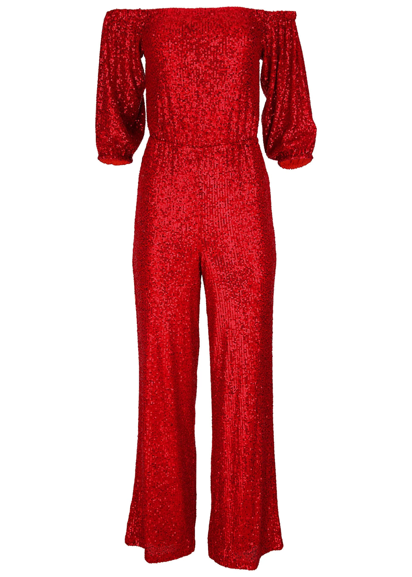 Off-Shoulder Sequin Jumpsuit - Goji Berry - Image 3