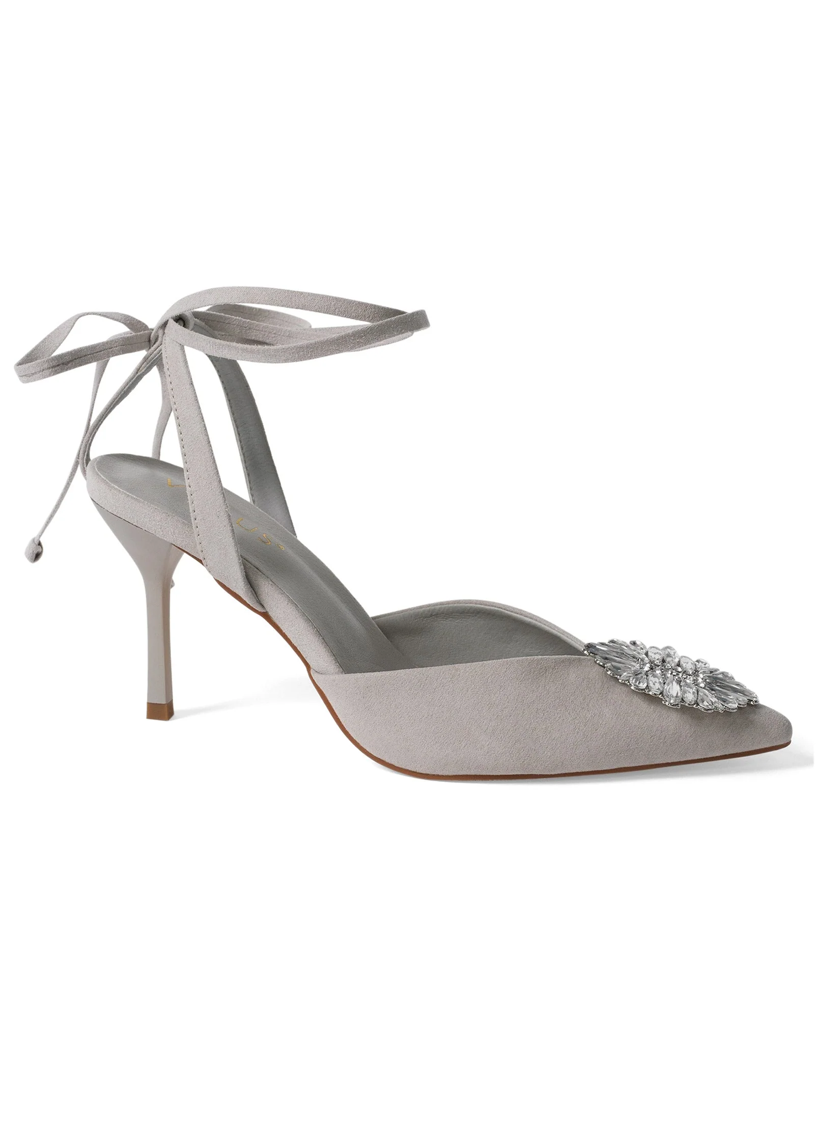 Faux-Suede Lace-Up Heels - Light Grey - Image 2
