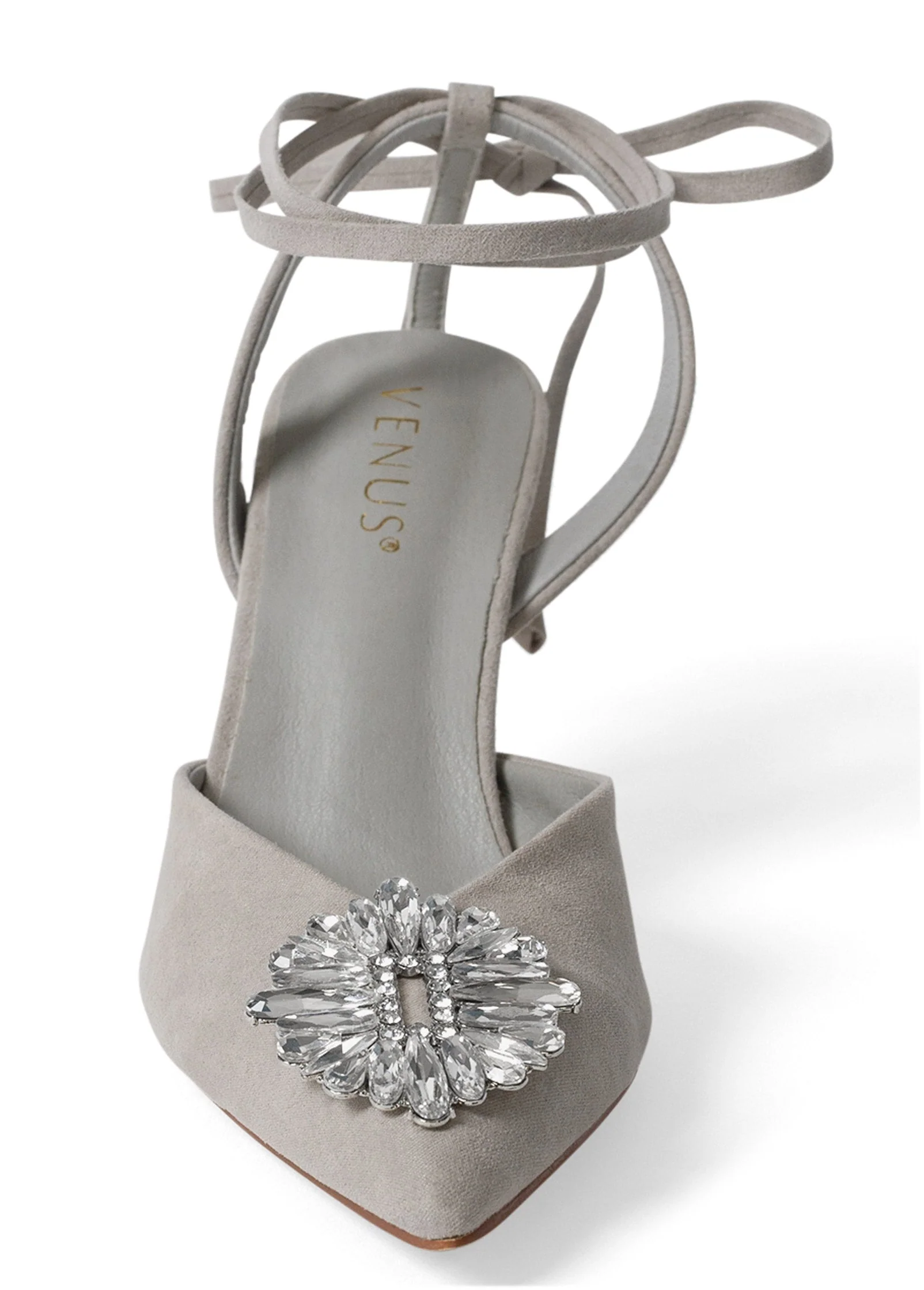 Faux-Suede Lace-Up Heels - Light Grey - Image 3