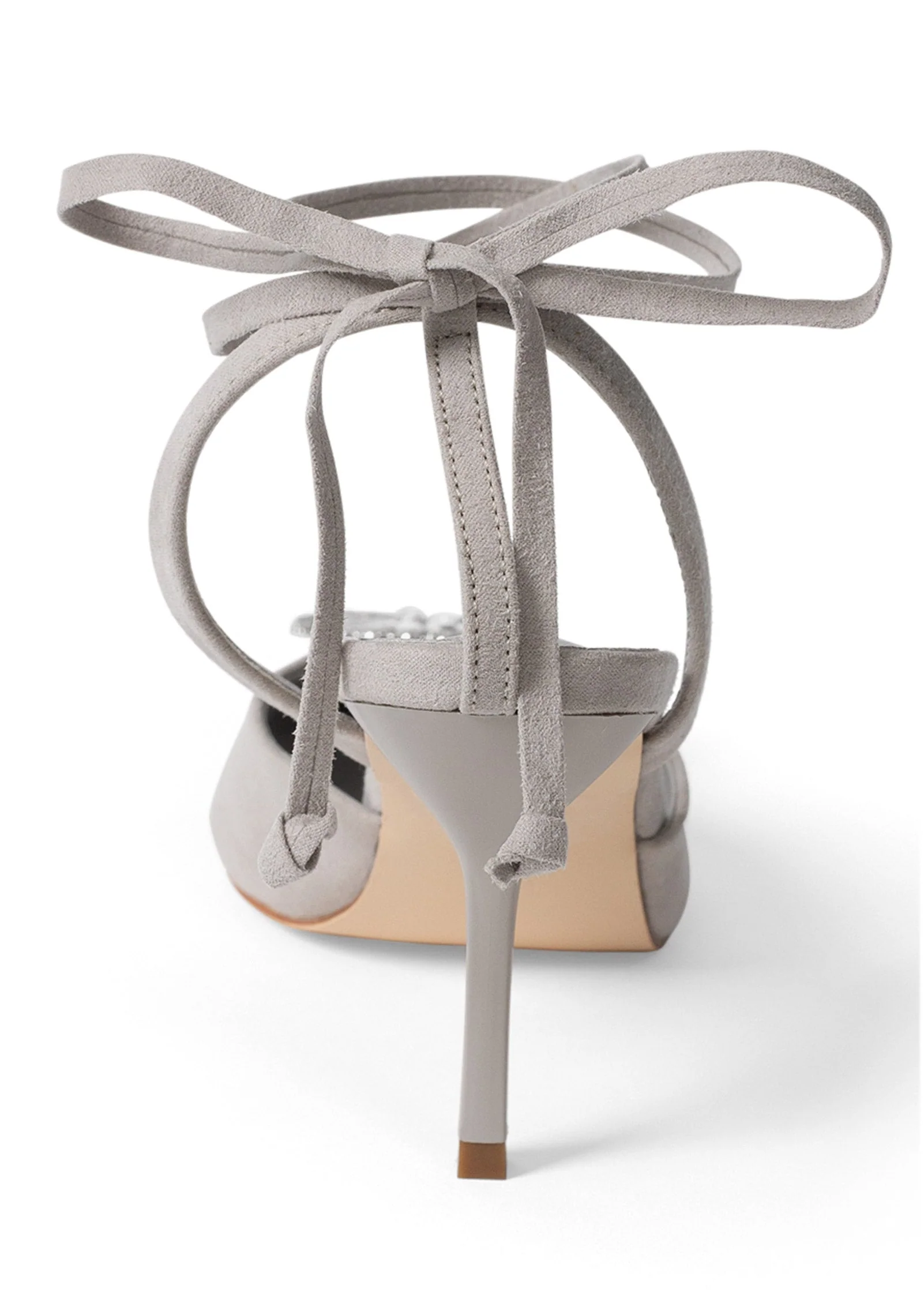 Faux-Suede Lace-Up Heels - Light Grey - Image 4