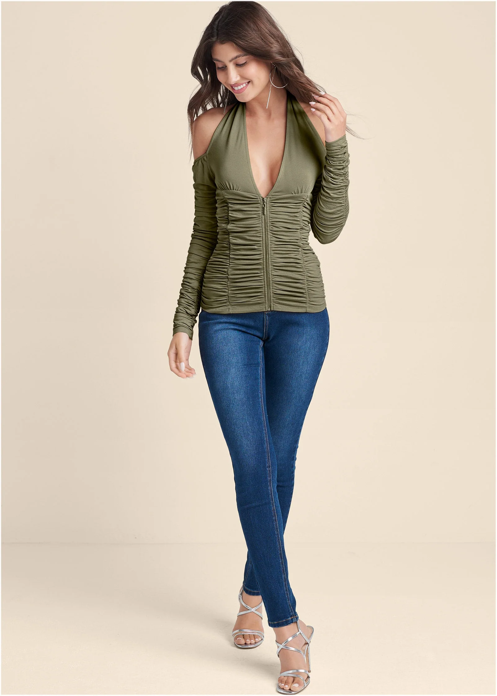 Zip-Up Ruched V-Neck Top - Olive - Image 2