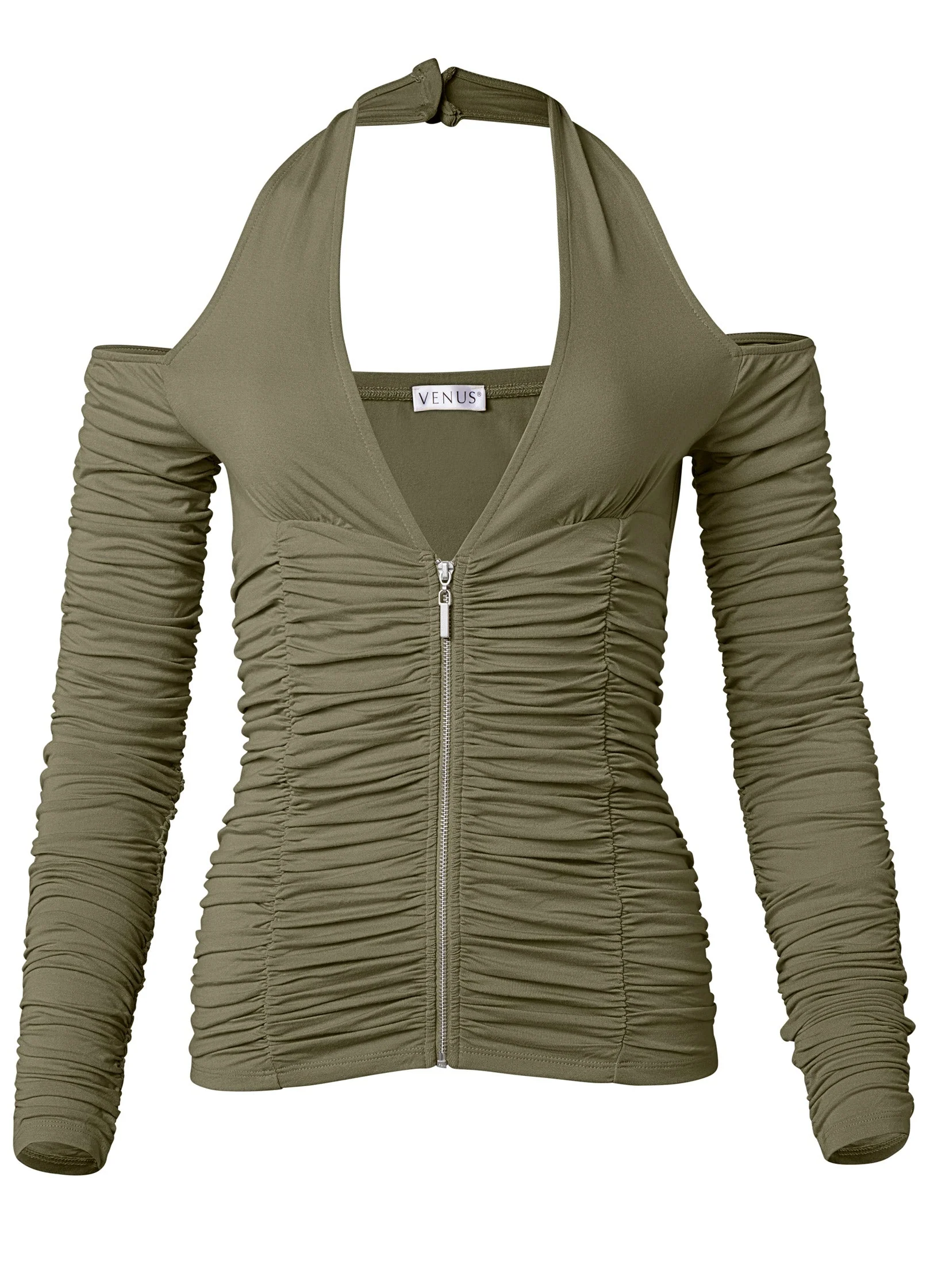 Zip-Up Ruched V-Neck Top - Olive - Image 6