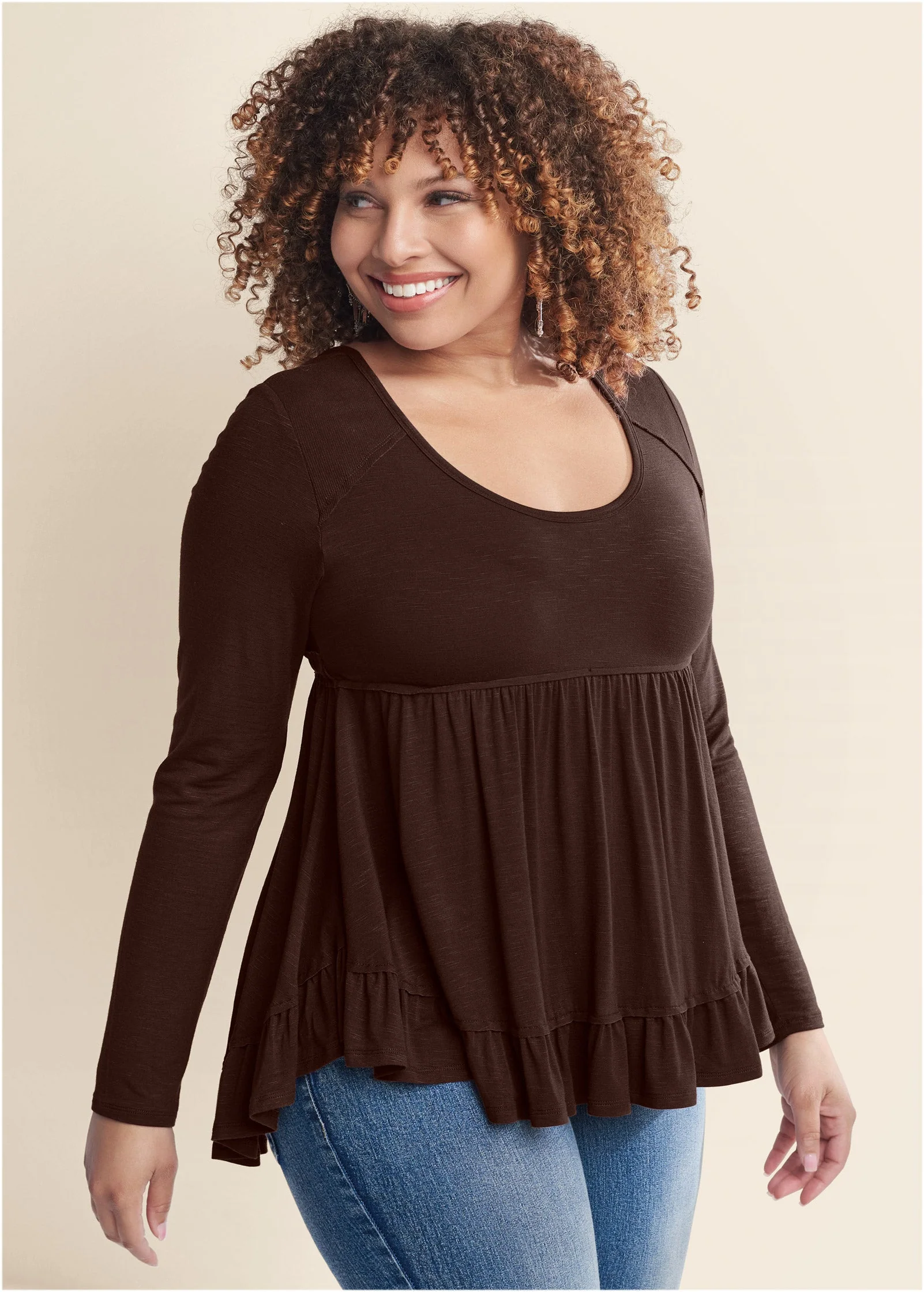 Long Sleeve Babydoll Top - Dark Brown - Image 3