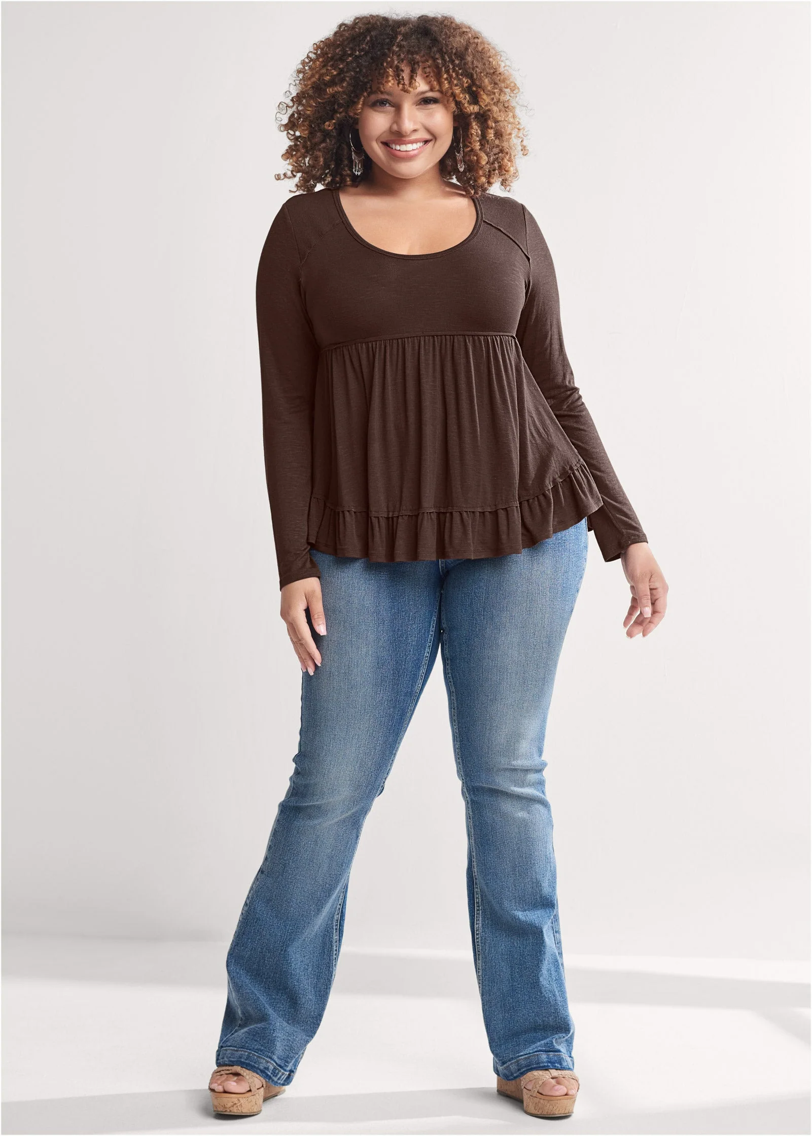 Long Sleeve Babydoll Top - Dark Brown - Image 4