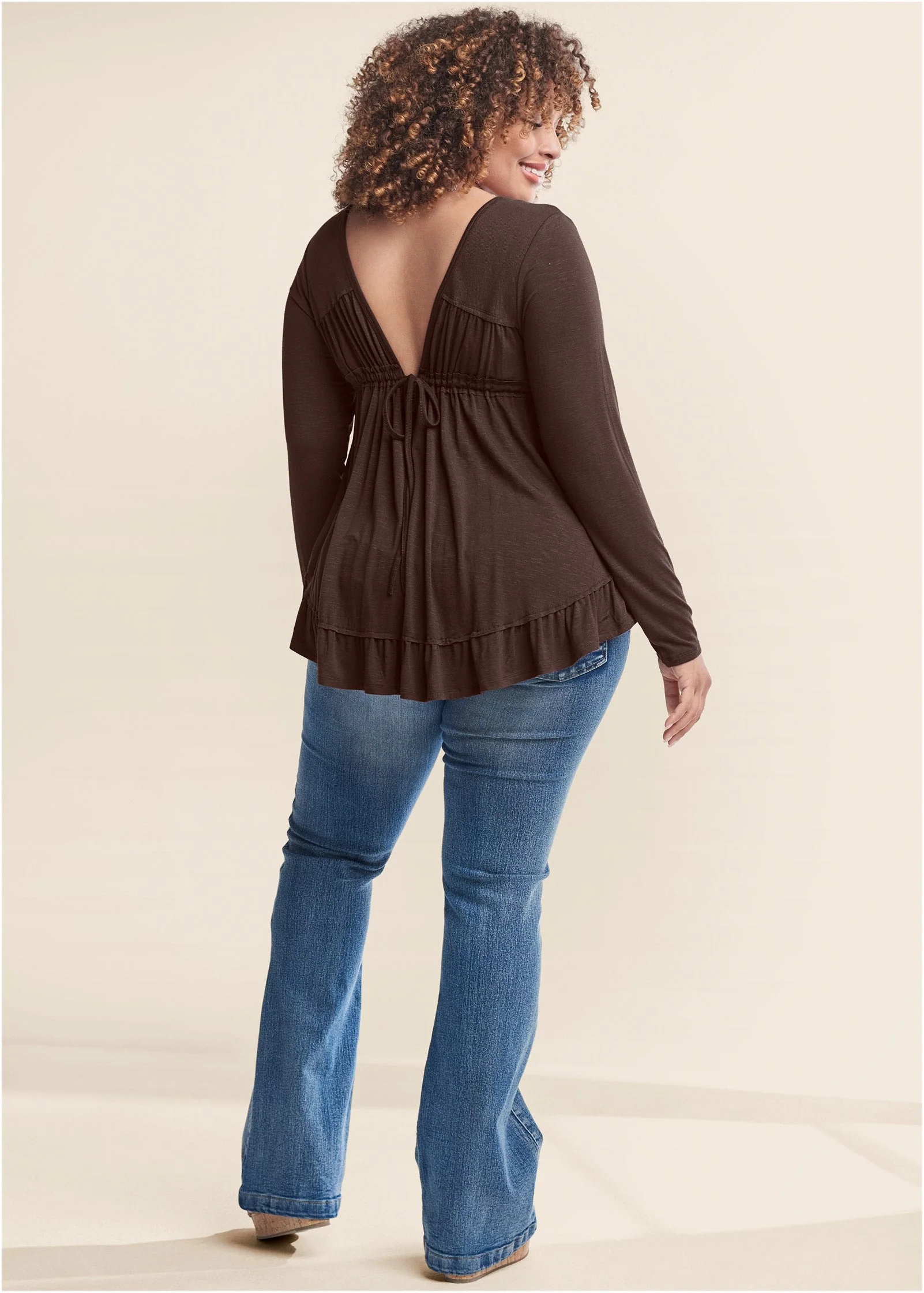 Long Sleeve Babydoll Top - Dark Brown - Image 5
